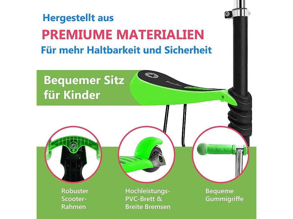 Trotinette Enfant 5-en-1 avec Panier Cartoon Amovible, Siège, Barre de Poussée, Roues LED, Dossier Confortable, Hauteur Réglable dès 2 Ans, verte