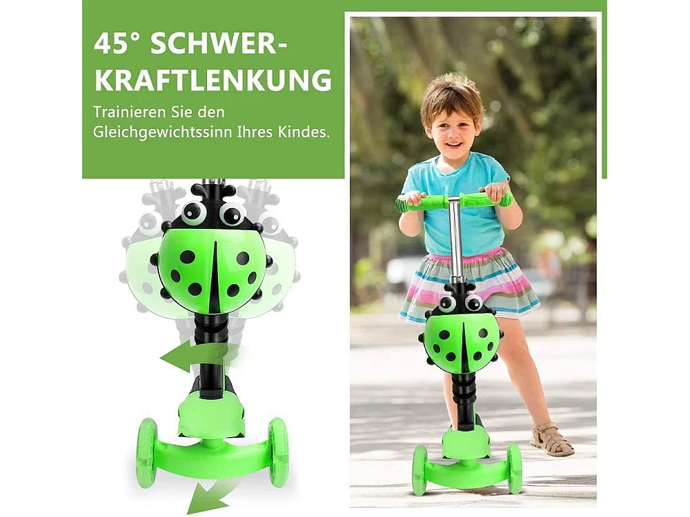 Trotinette Enfant 5-en-1 avec Panier Cartoon Amovible, Siège, Barre de Poussée, Roues LED, Dossier Confortable, Hauteur Réglable dès 2 Ans, verte