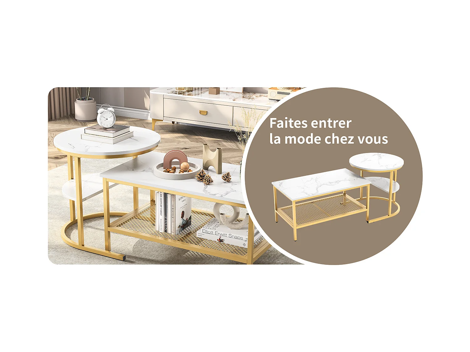 Mesa de centro nido rectangular y redonda en mármol blanco con estructura de metal dorado, diseño moderno y elegante.