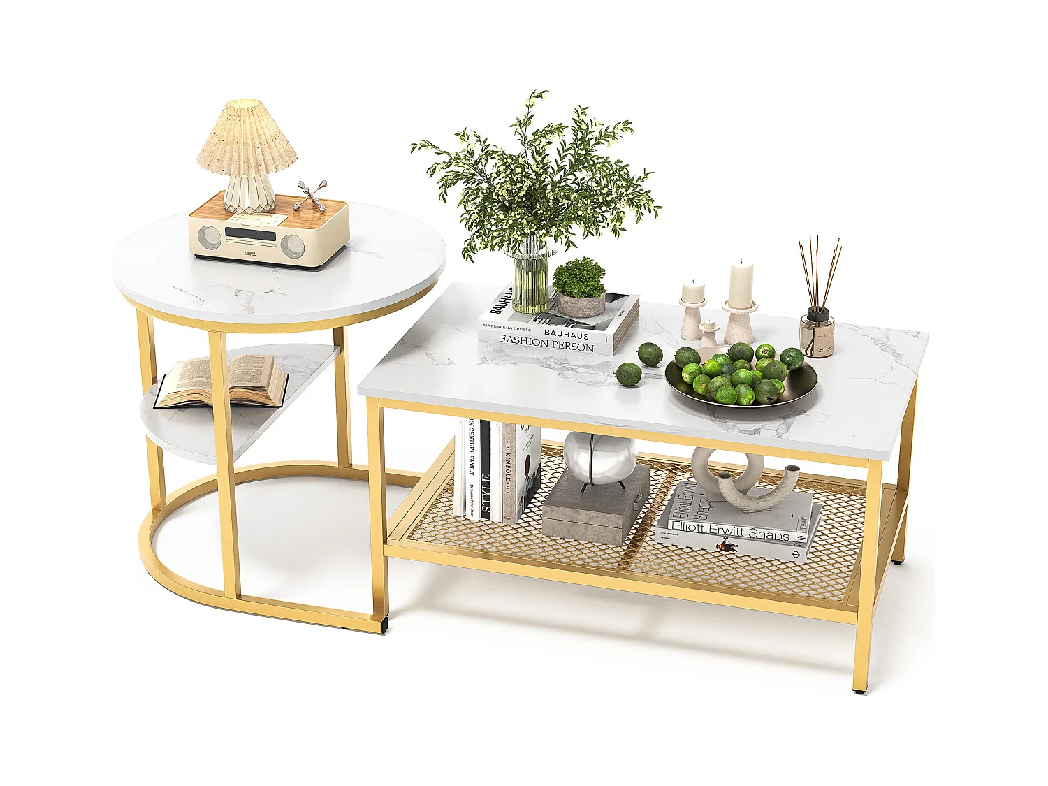 Mesa de centro nido rectangular y redonda en mármol blanco con estructura de metal dorado, diseño moderno y elegante.