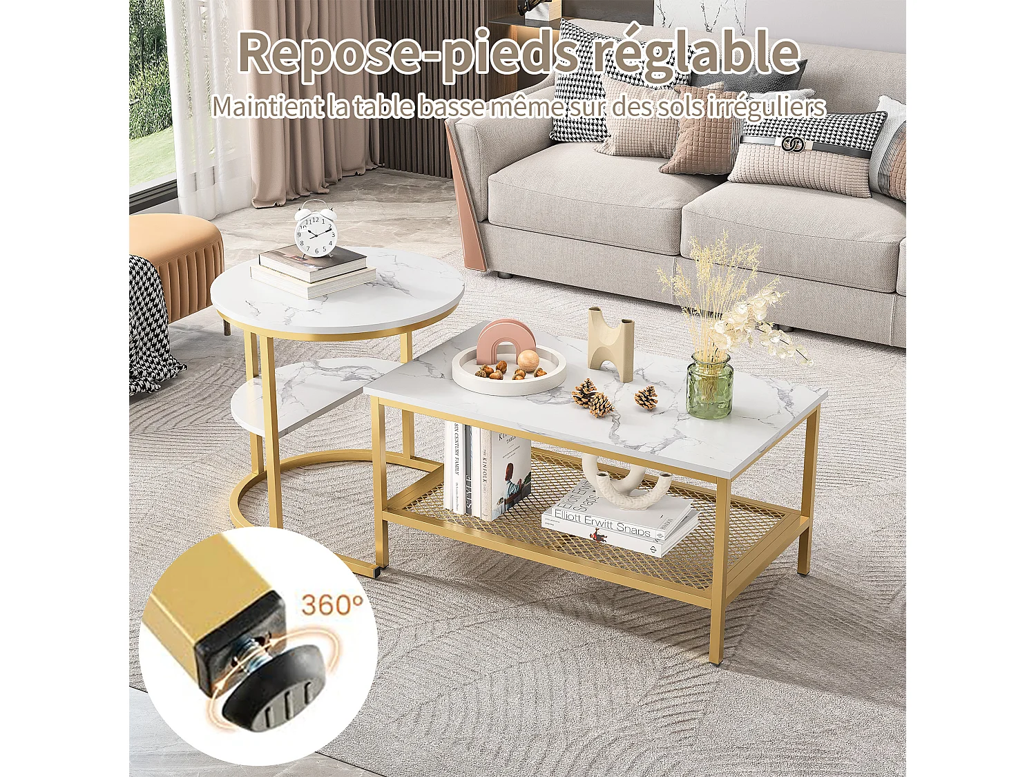Mesa de centro nido rectangular y redonda en mármol blanco con estructura de metal dorado, diseño moderno y elegante.
