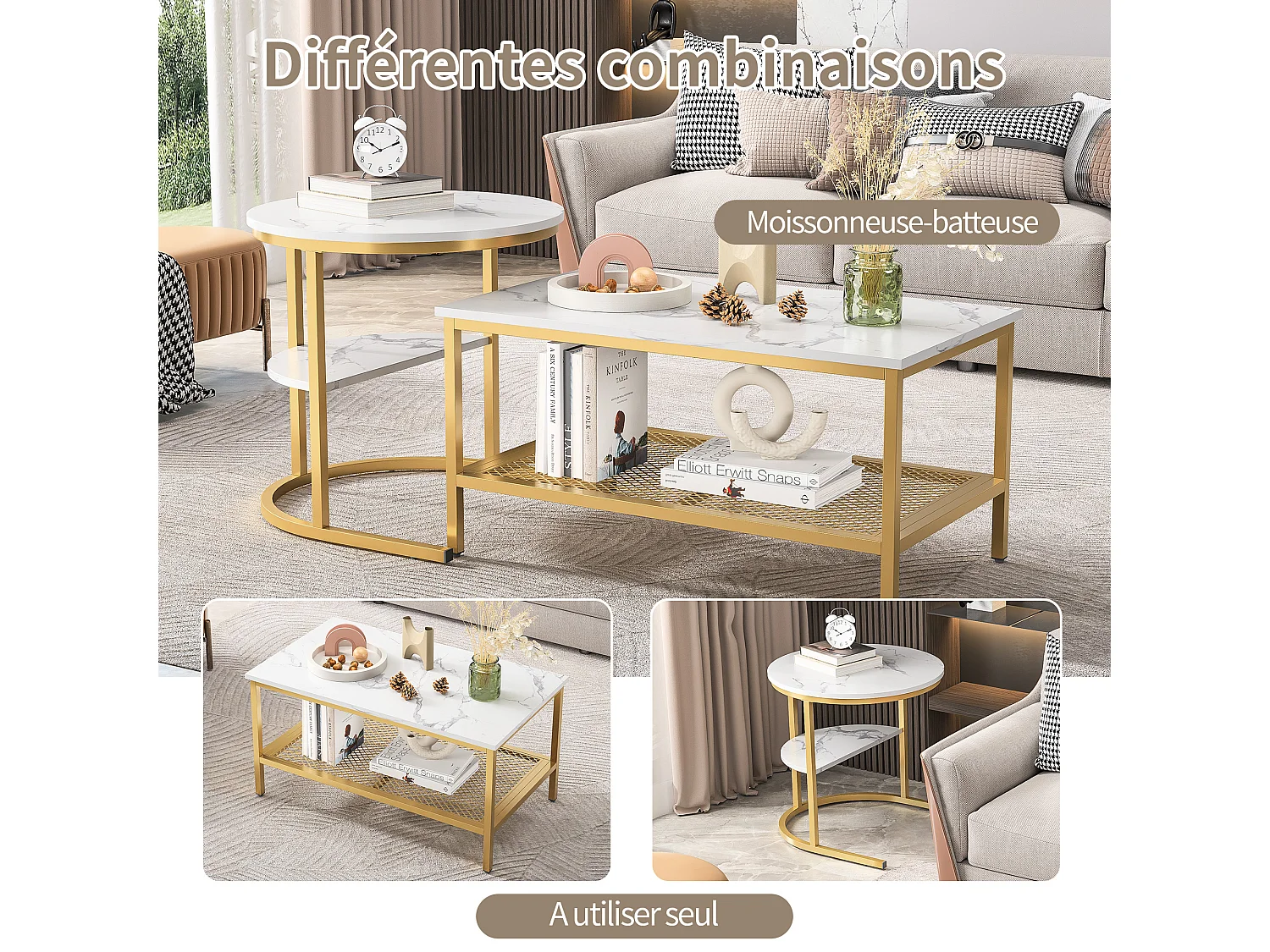 Mesa de centro nido rectangular y redonda en mármol blanco con estructura de metal dorado, diseño moderno y elegante.