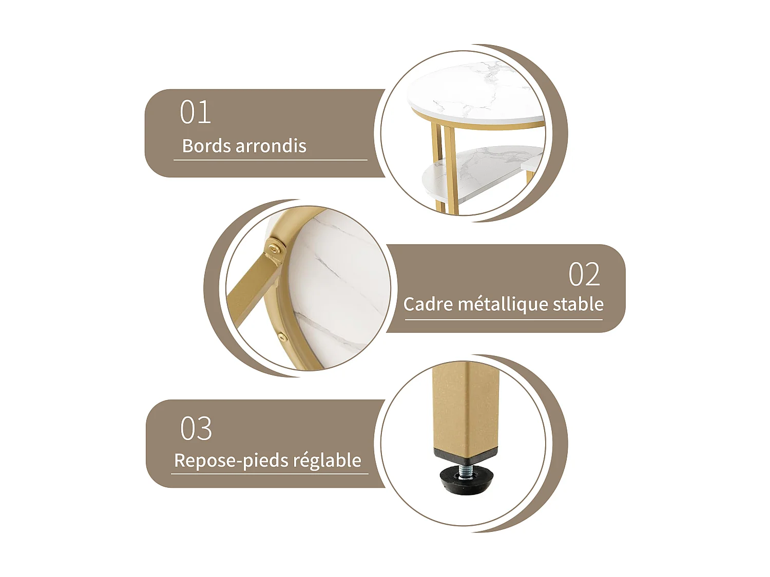 Mesa de centro nido rectangular y redonda en mármol blanco con estructura de metal dorado, diseño moderno y elegante.