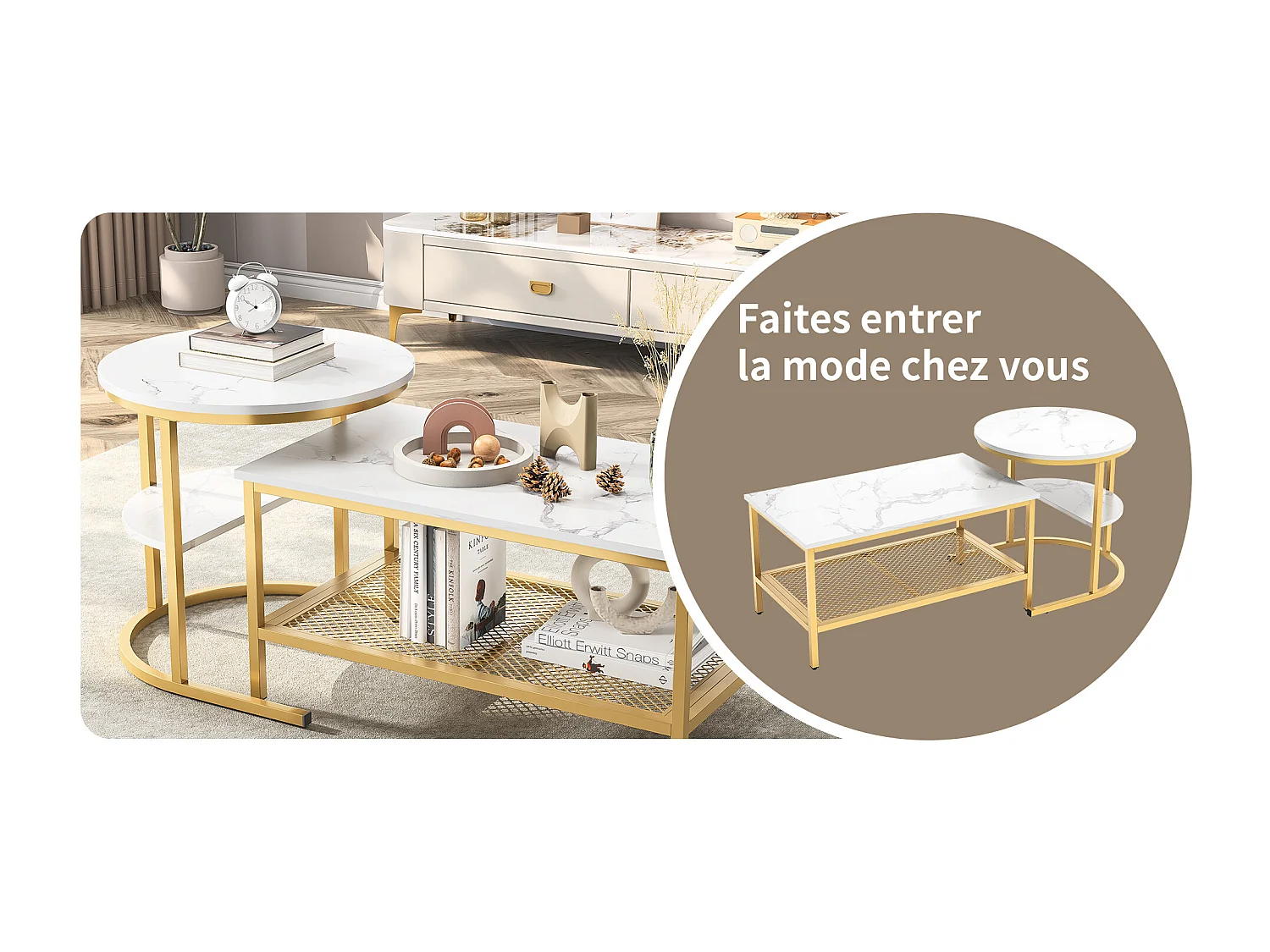 Mesa de centro nido rectangular y redonda en mármol blanco con estructura de metal dorado, diseño moderno y elegante.