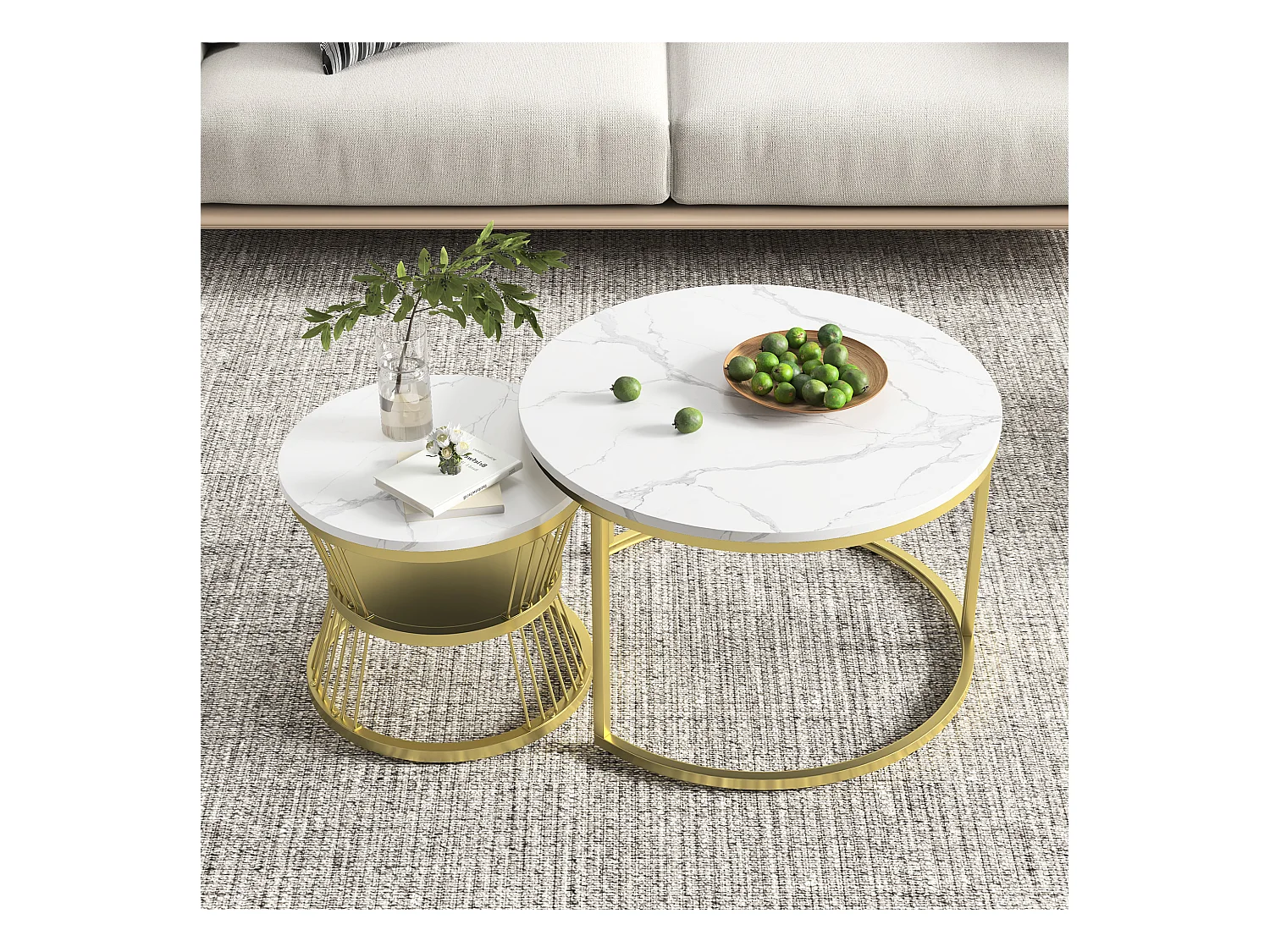 Table basse gigogne 2 pièces – Ensemble blanc effet marbre avec piètement doré, design moderne et élégant