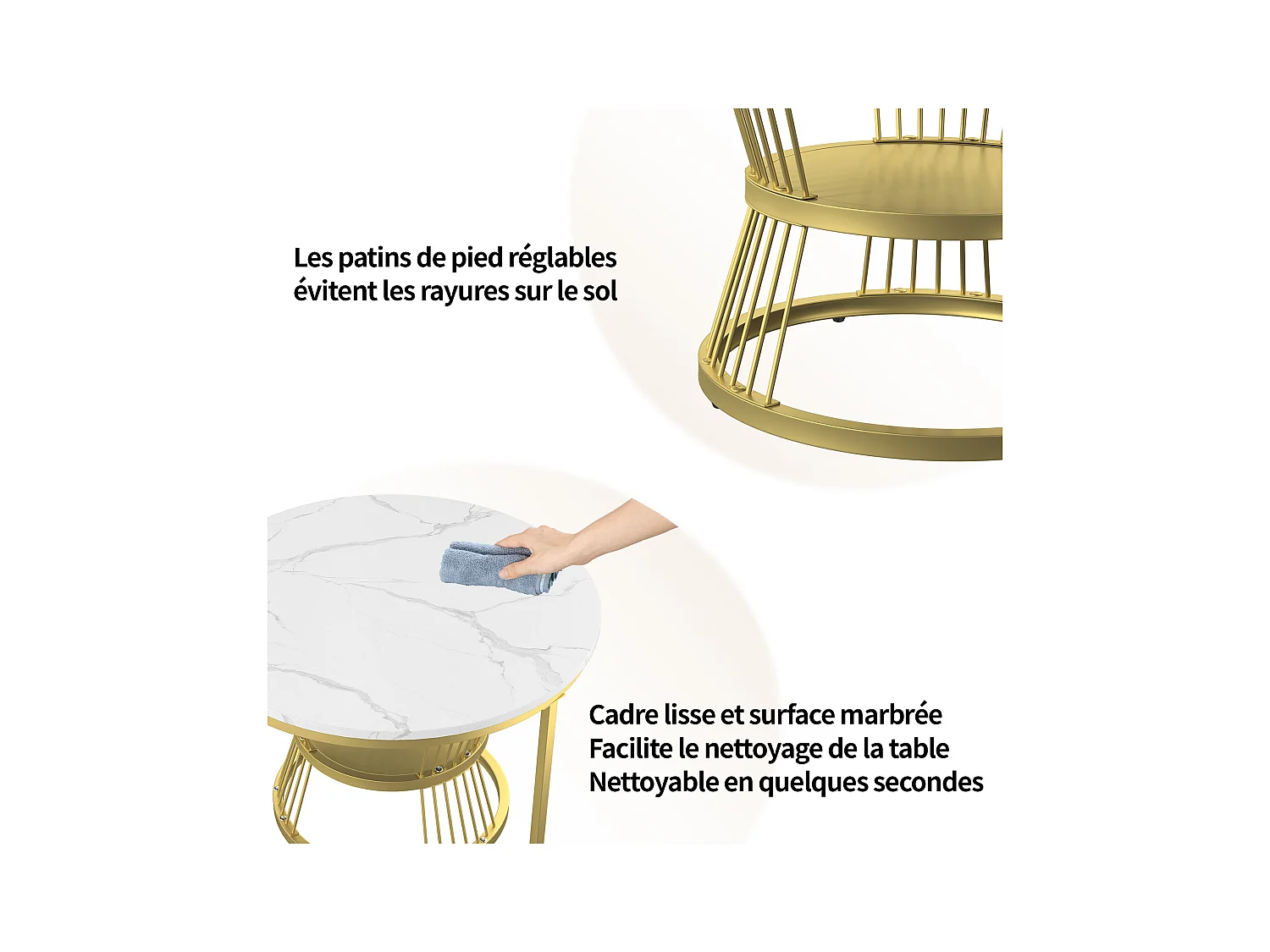 Table basse gigogne 2 pièces – Ensemble blanc effet marbre avec piètement doré, design moderne et élégant