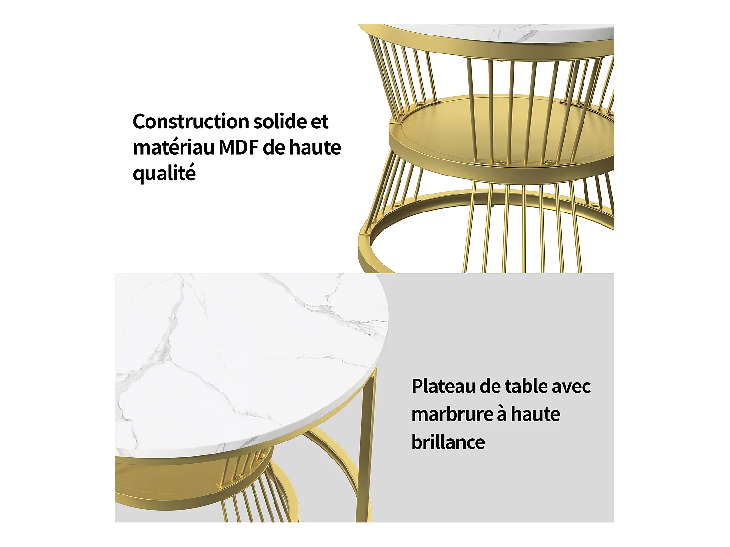 Table basse gigogne 2 pièces – Ensemble blanc effet marbre avec piètement doré, design moderne et élégant