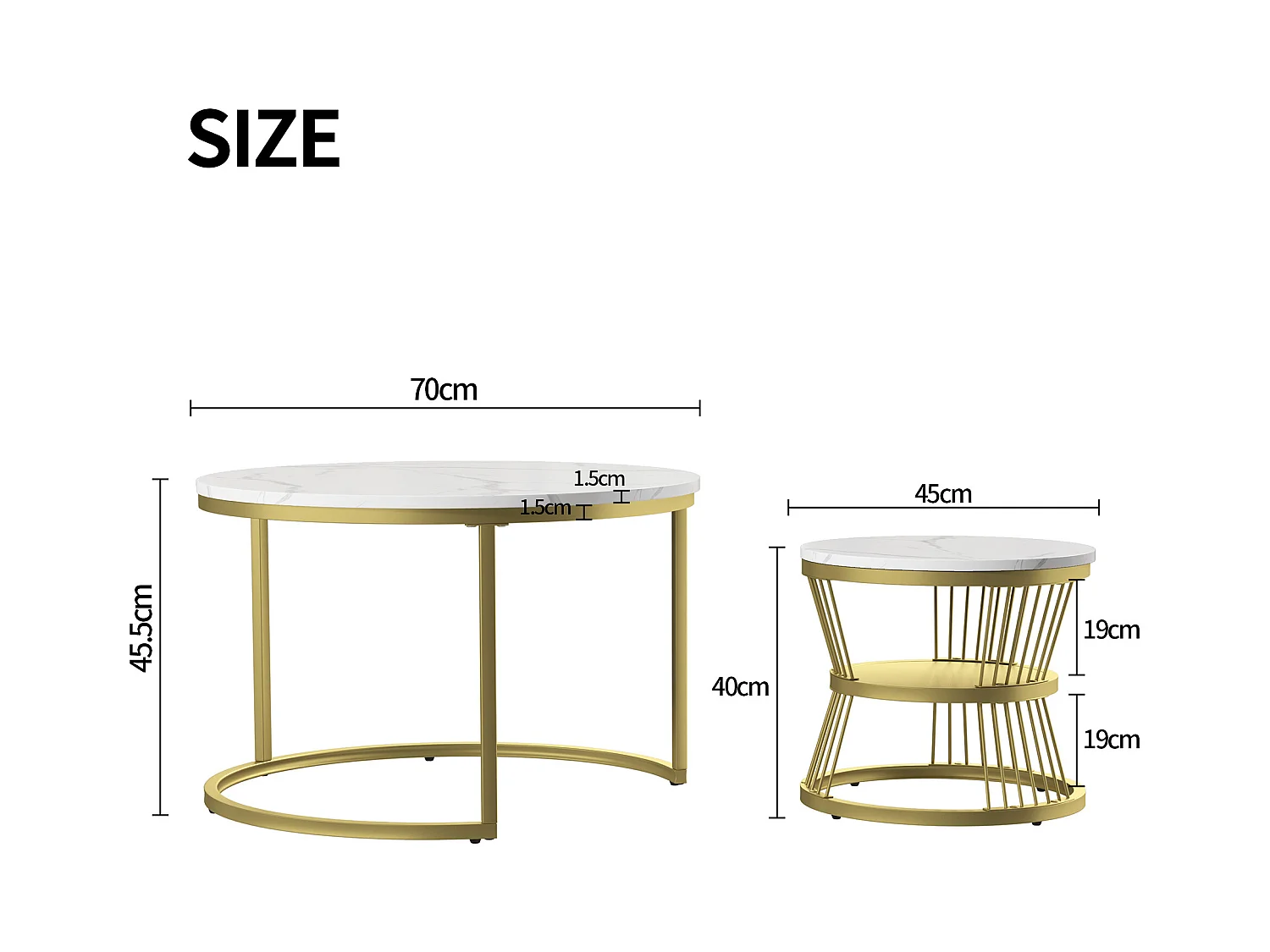 Table basse gigogne 2 pièces – Ensemble blanc effet marbre avec piètement doré, design moderne et élégant