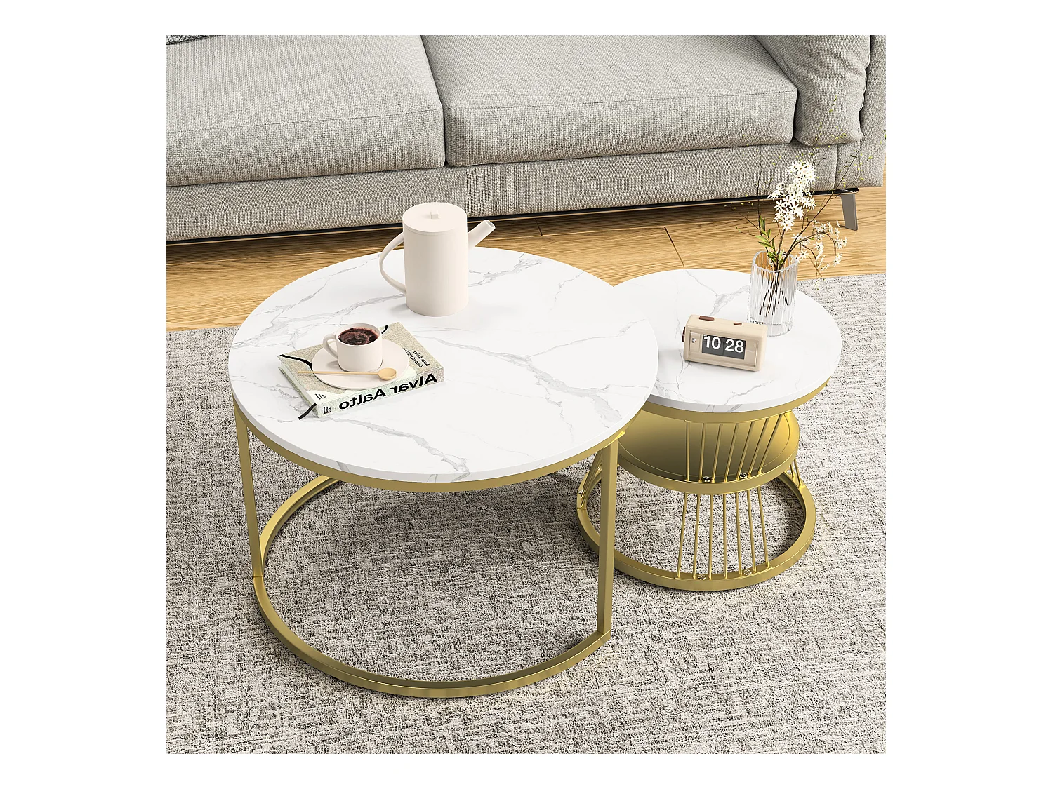 Set van 2 salontafels in nestelstand - set met wit marmereffect en gouden voet, modern en elegant design