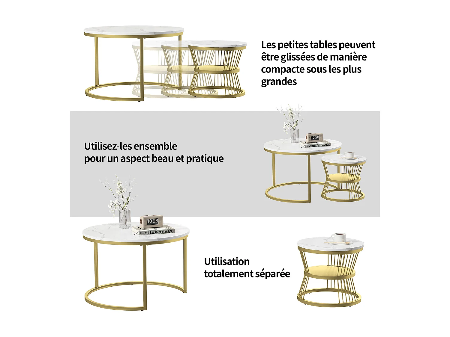 Table basse gigogne 2 pièces – Ensemble blanc effet marbre avec piètement doré, design moderne et élégant