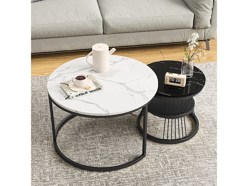 Table basse gigogne 2 pièces – Ensemble noir et blanc avec plateau effet marbre, design moderne multifonction
