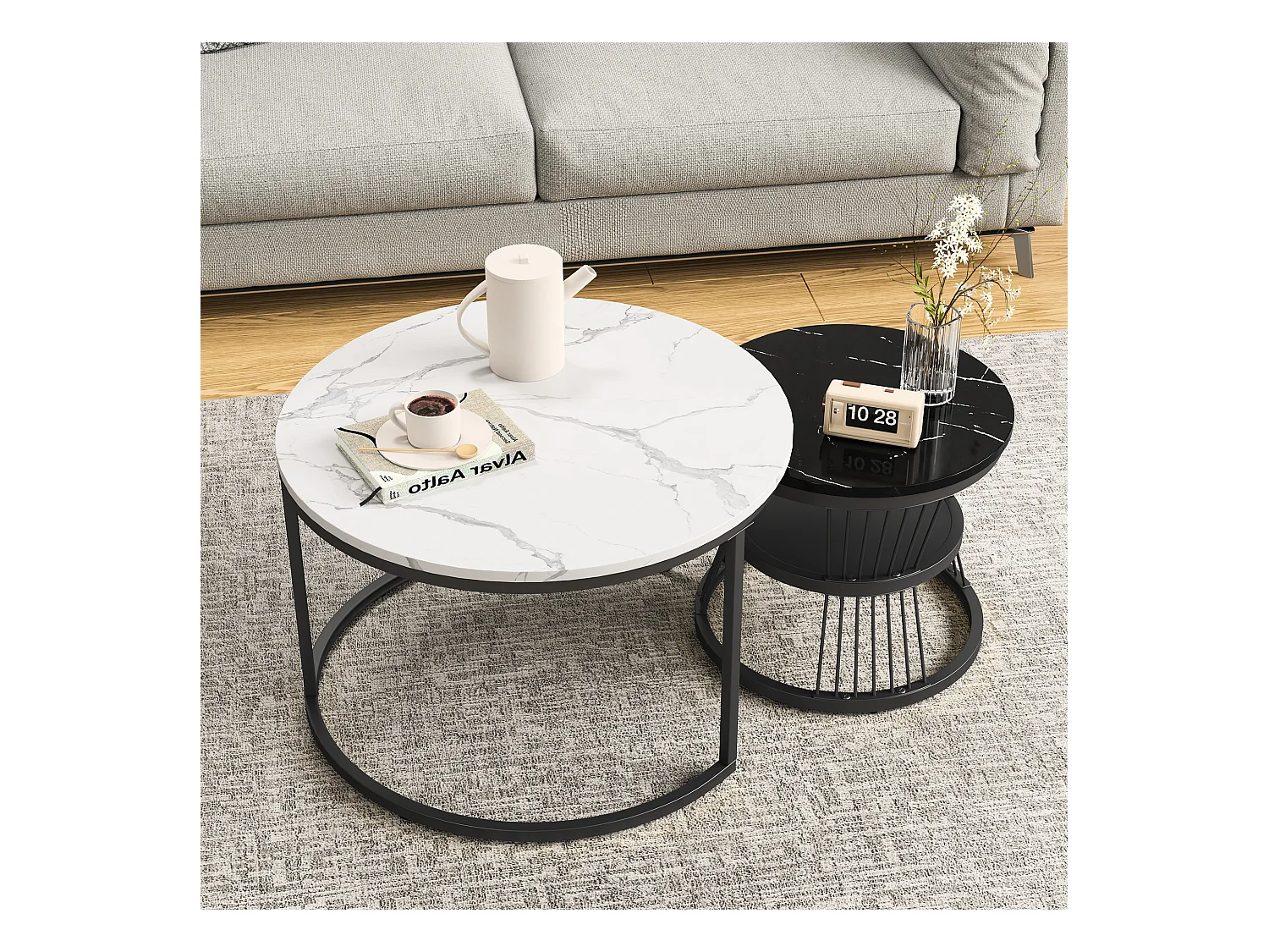 Table basse gigogne 2 pièces – Ensemble noir et blanc avec plateau effet marbre, design moderne multifonction