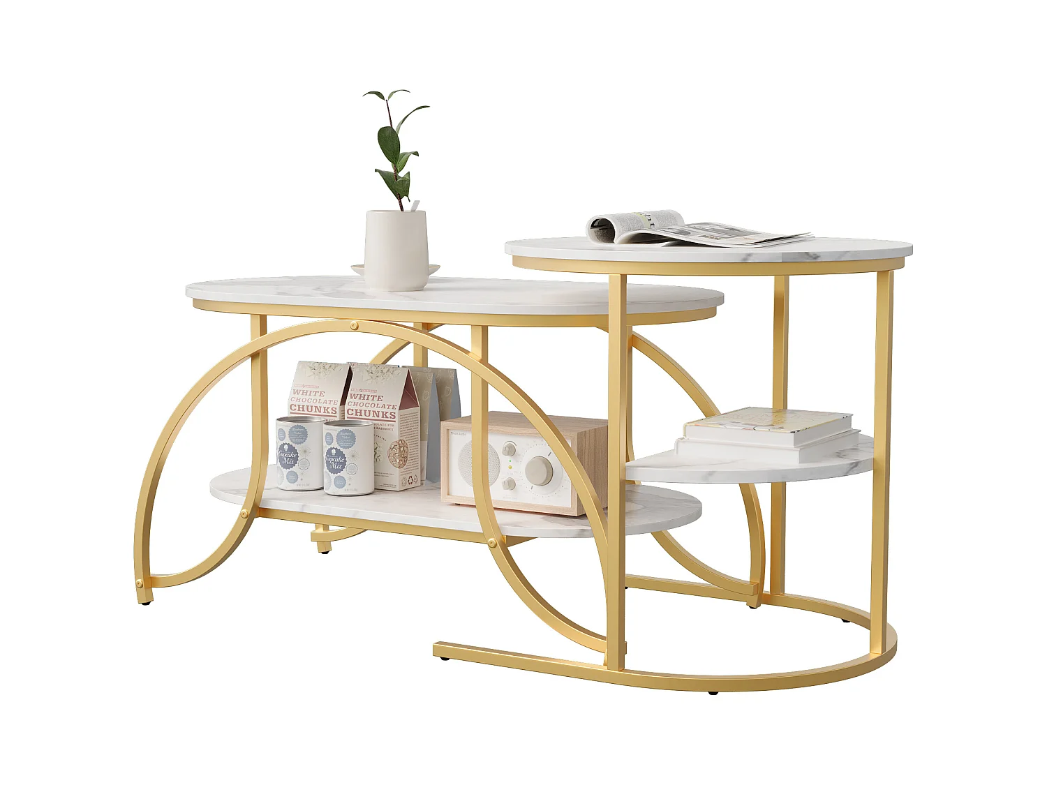 Table basse carrée en marbre blanc avec pieds dorés – Design moderne, stable et multifonction