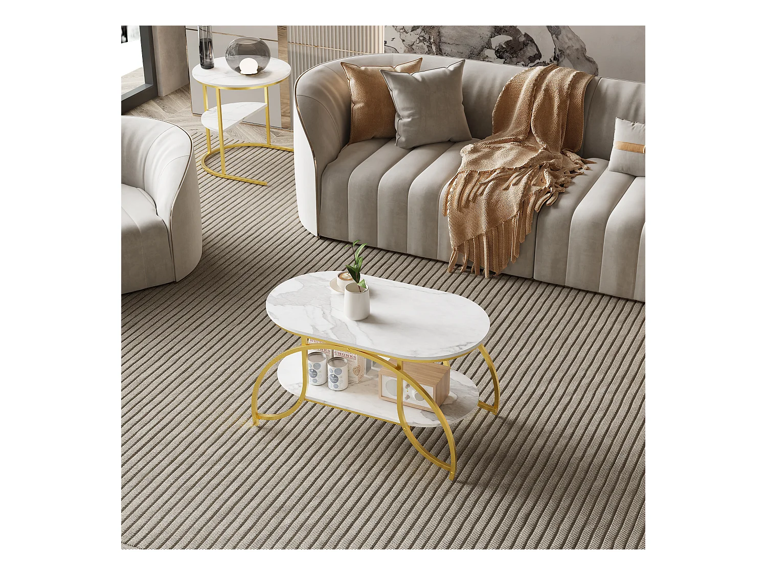 Table basse carrée en marbre blanc avec pieds dorés – Design moderne, stable et multifonction