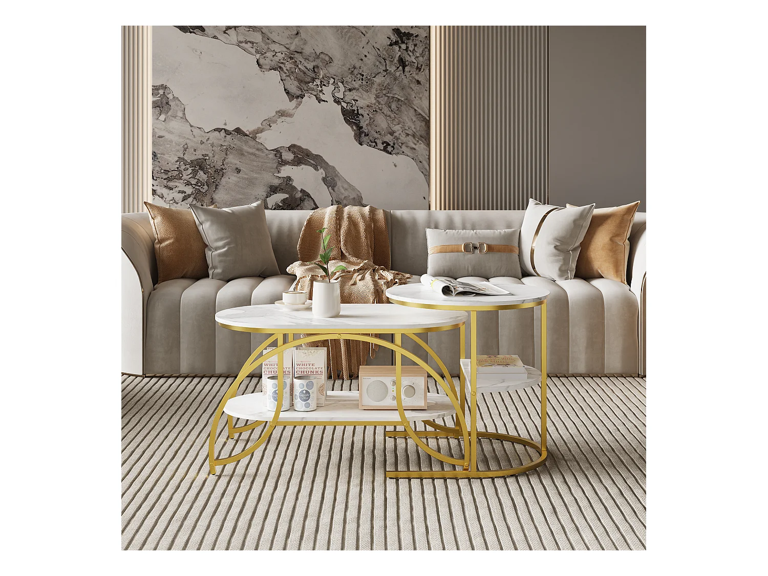 Table basse carrée en marbre blanc avec pieds dorés – Design moderne, stable et multifonction