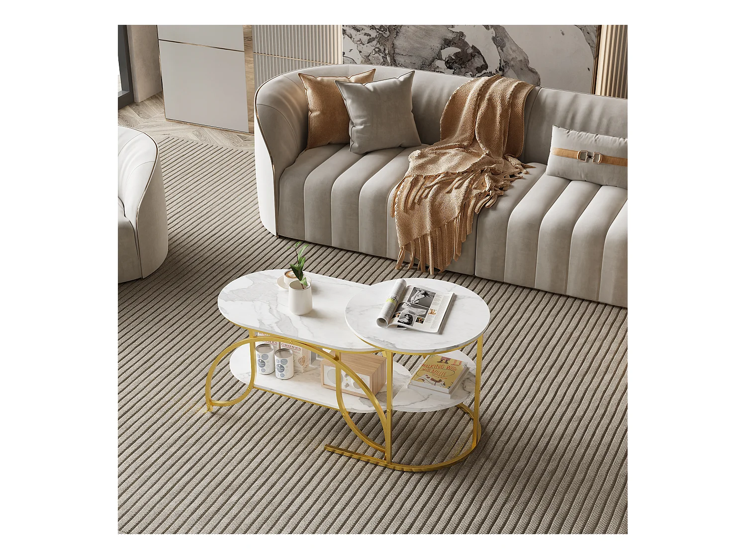 Tavolino da caffè quadrato in marmo bianco con gambe dorate - Design moderno, stabile e multifunzionale