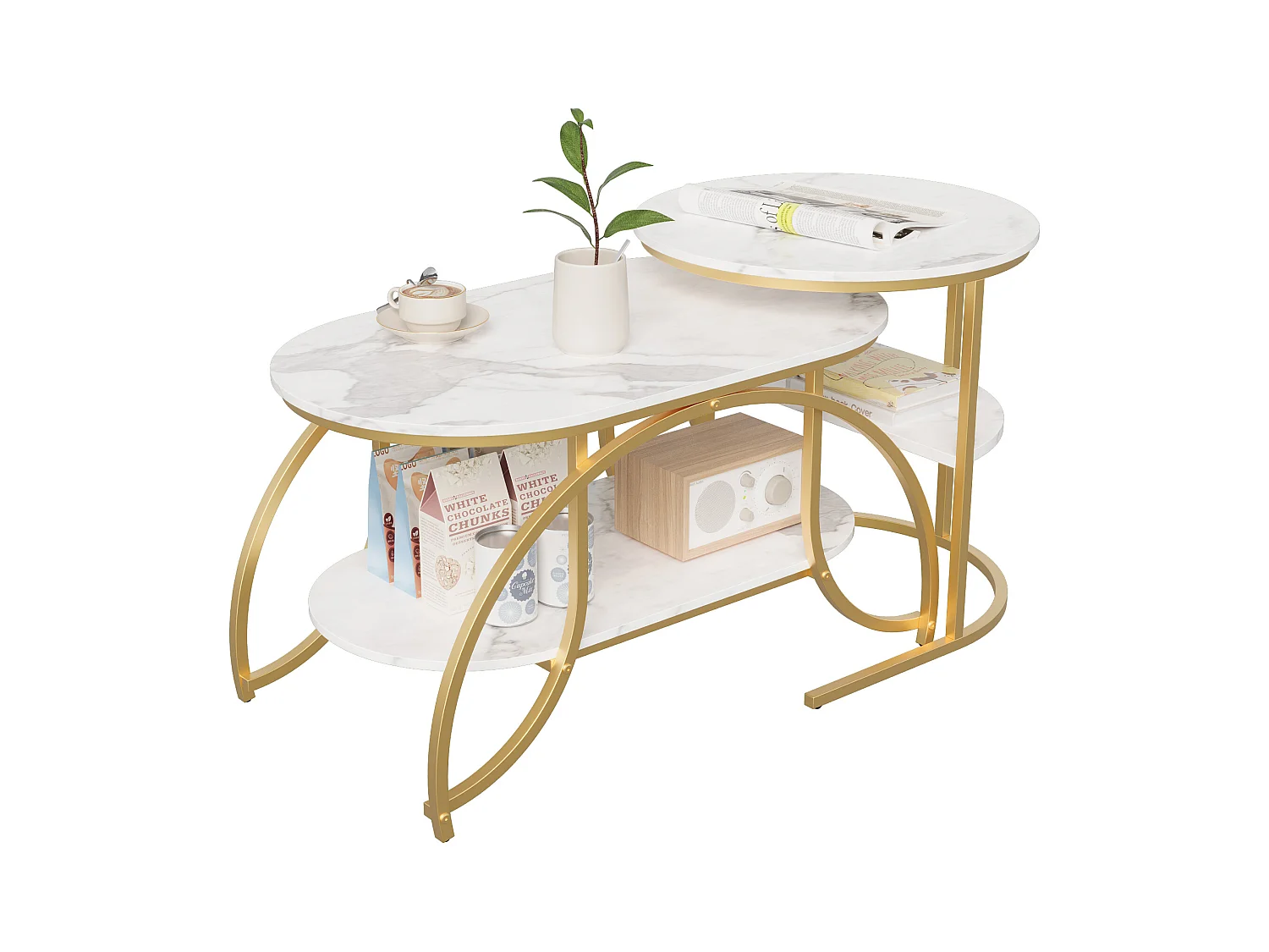 Tavolino da caffè quadrato in marmo bianco con gambe dorate - Design moderno, stabile e multifunzionale