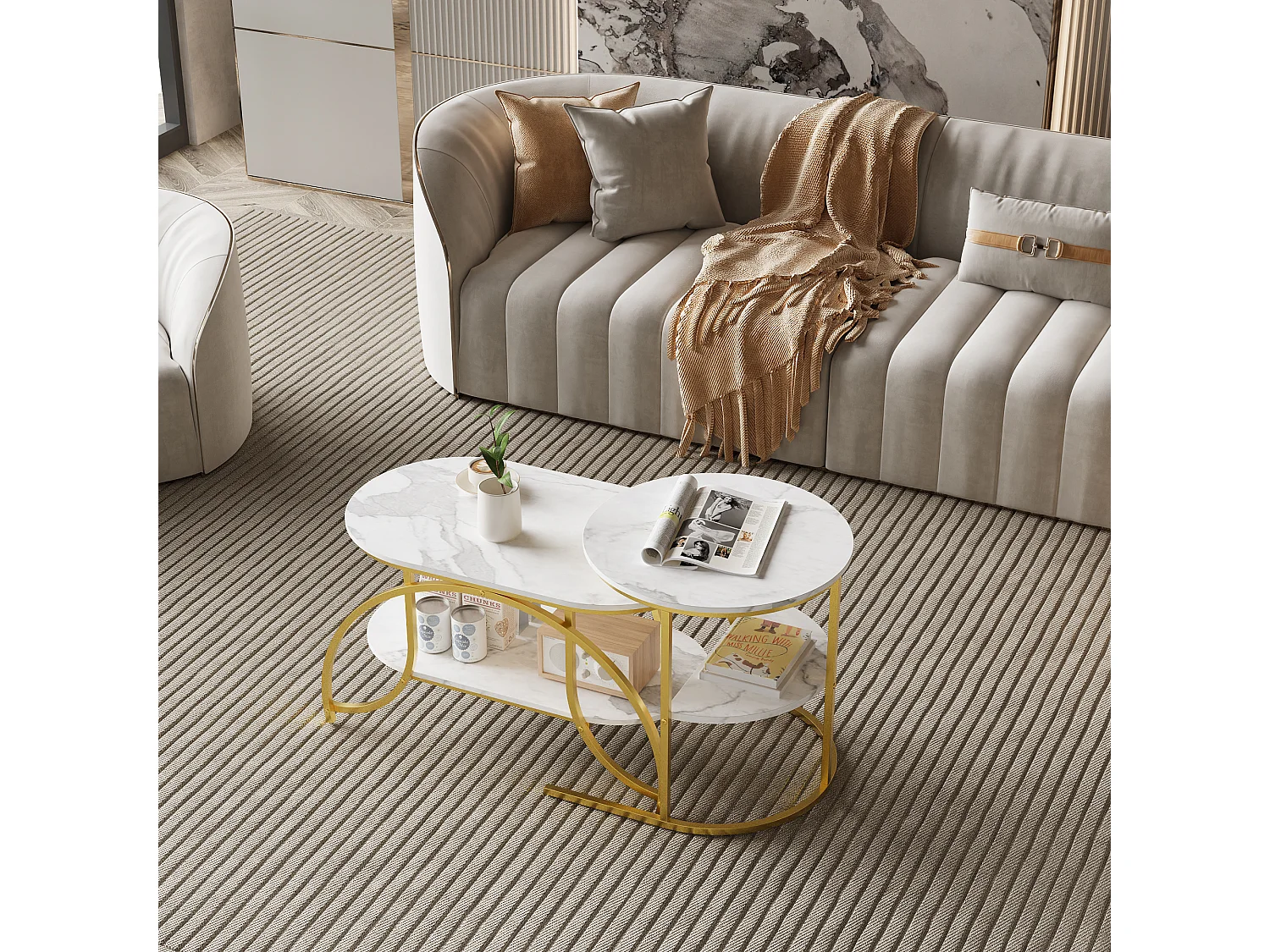 Mesa de centro cuadrada de mármol blanco con patas doradas: diseño moderno, estable y multifuncional.