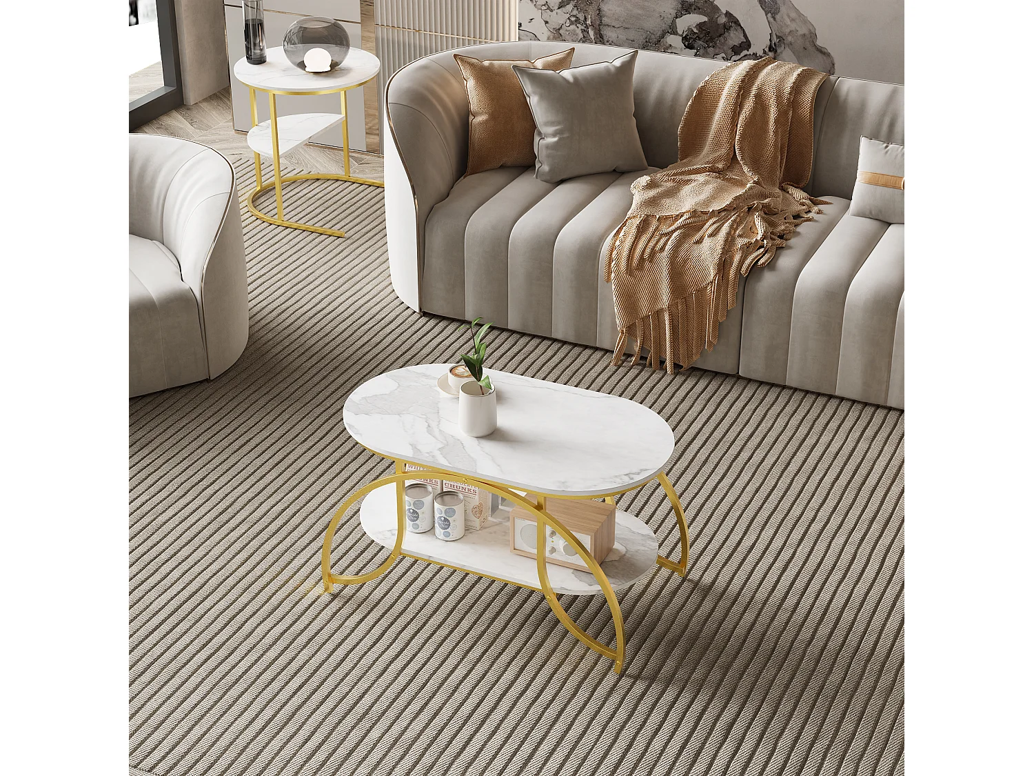 Mesa de centro cuadrada de mármol blanco con patas doradas: diseño moderno, estable y multifuncional.