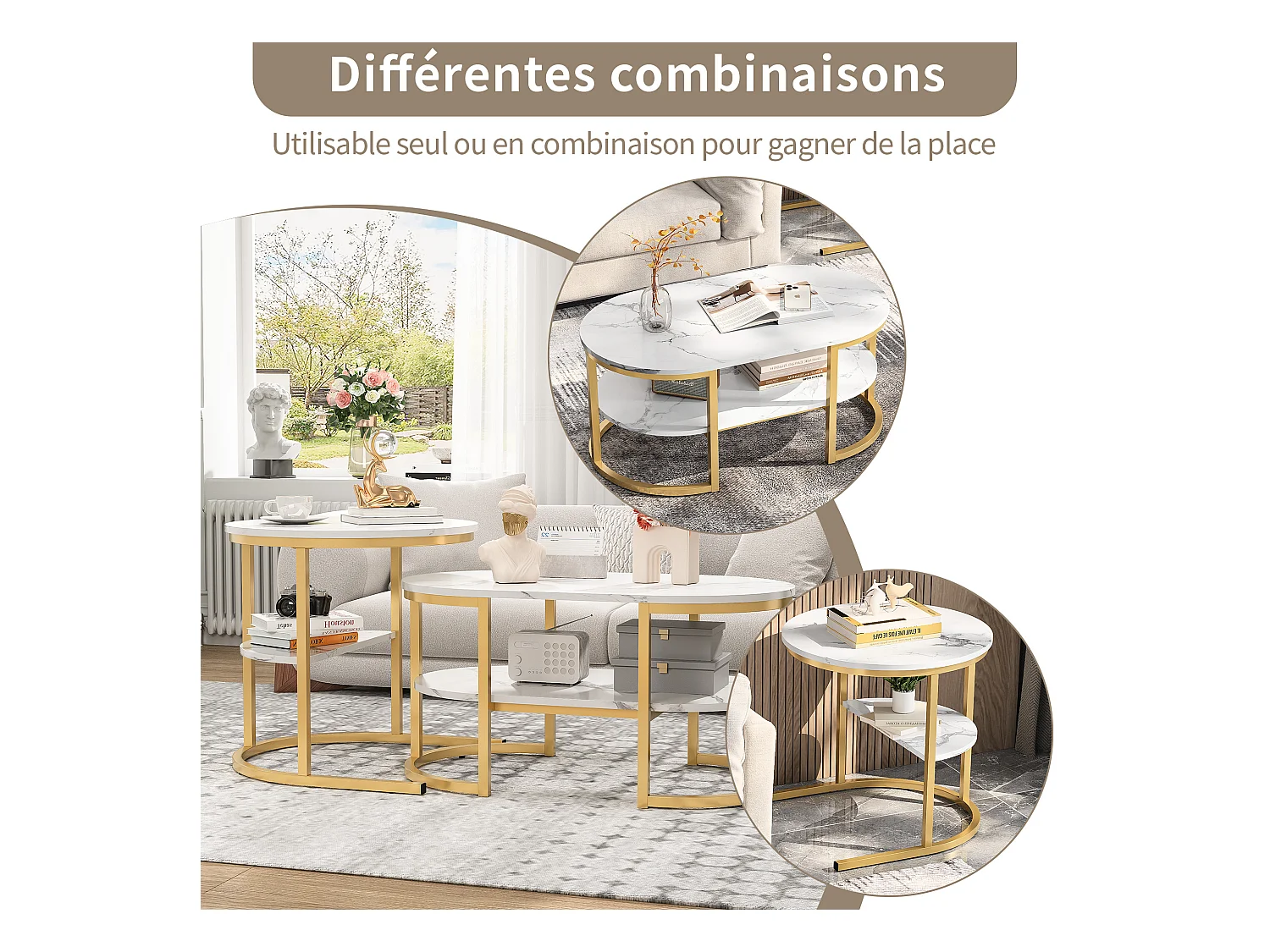 Tables basses gigognes ovales et rondes effet marbre blanc avec structure dorée，créant un design moderne et élégant