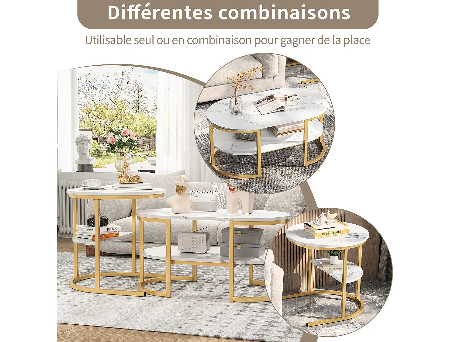 Tables basses gigognes ovales et rondes effet marbre blanc avec structure dorée，créant un design moderne et élégant