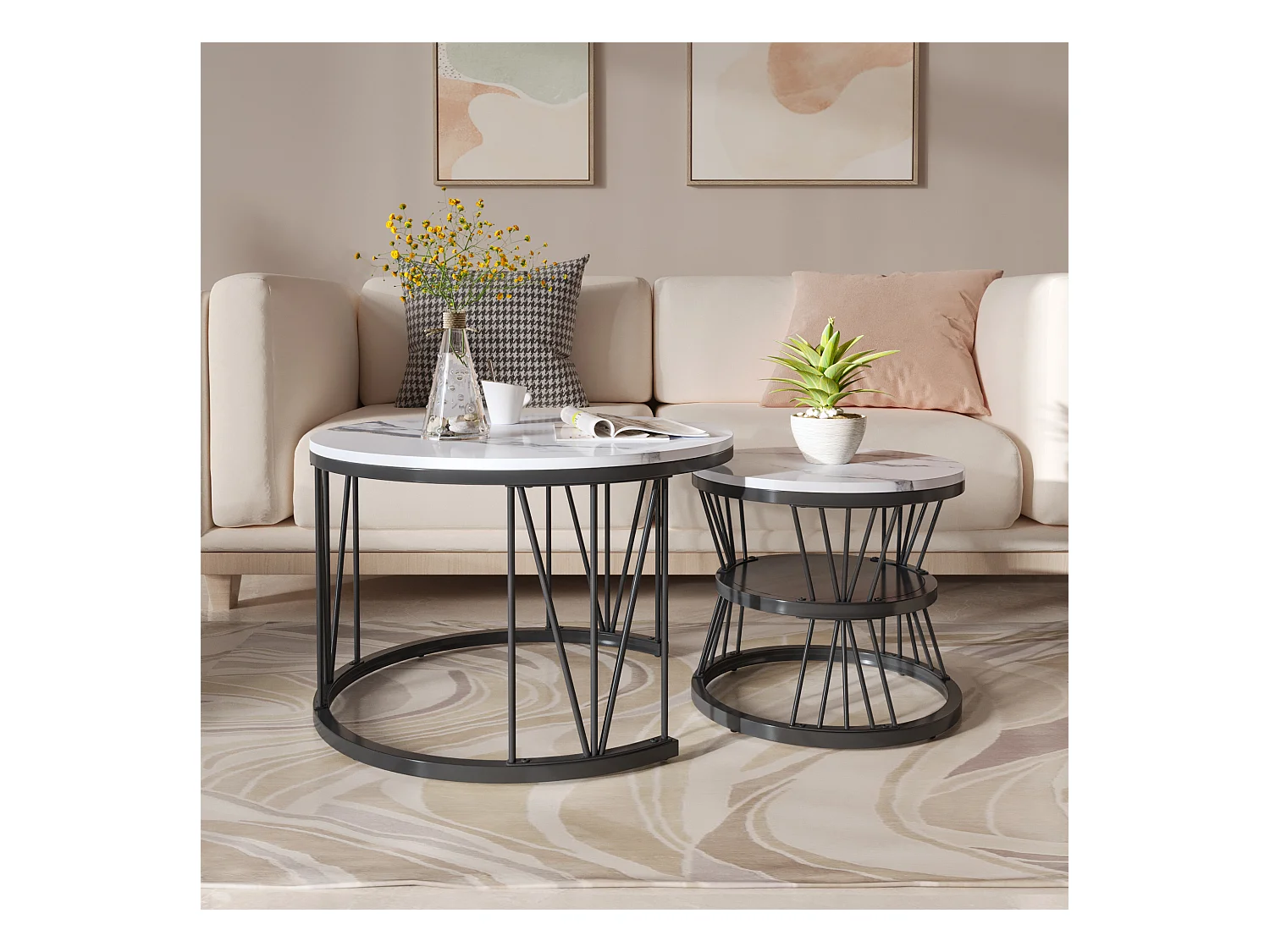 Tables basses rondes gigognes – Plateau effet marbre blanc avec structure en métal noir en forme de V – Design moderne et élégant