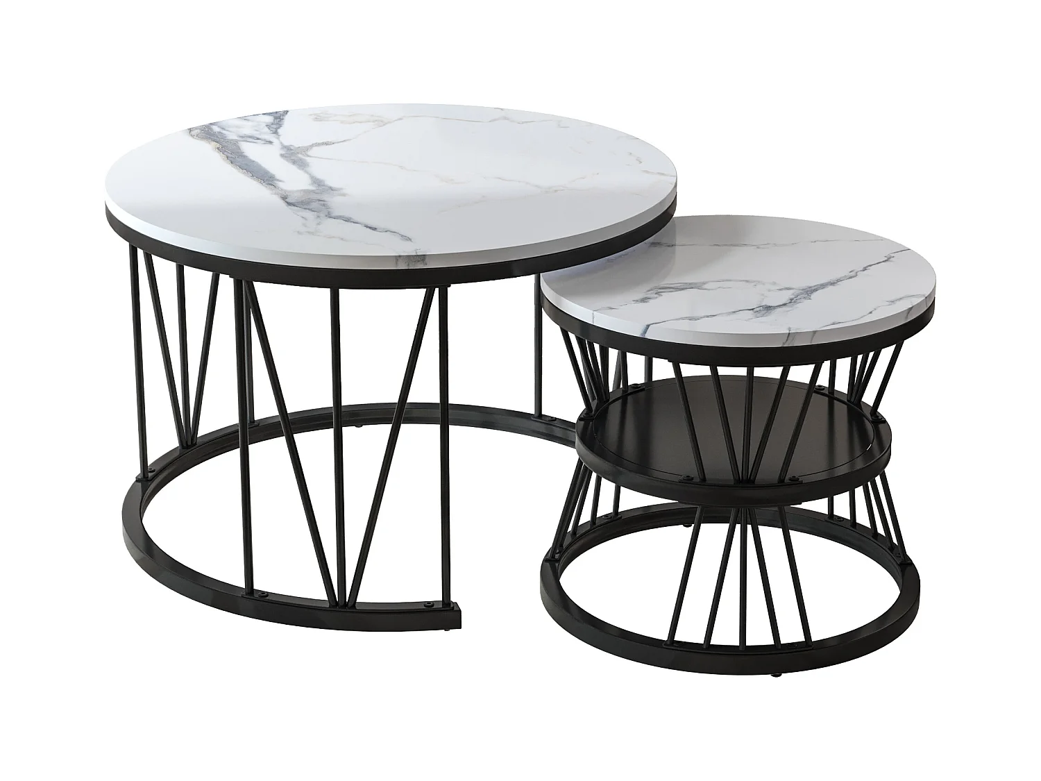 Tables basses rondes gigognes – Plateau effet marbre blanc avec structure en métal noir en forme de V – Design moderne et élégant