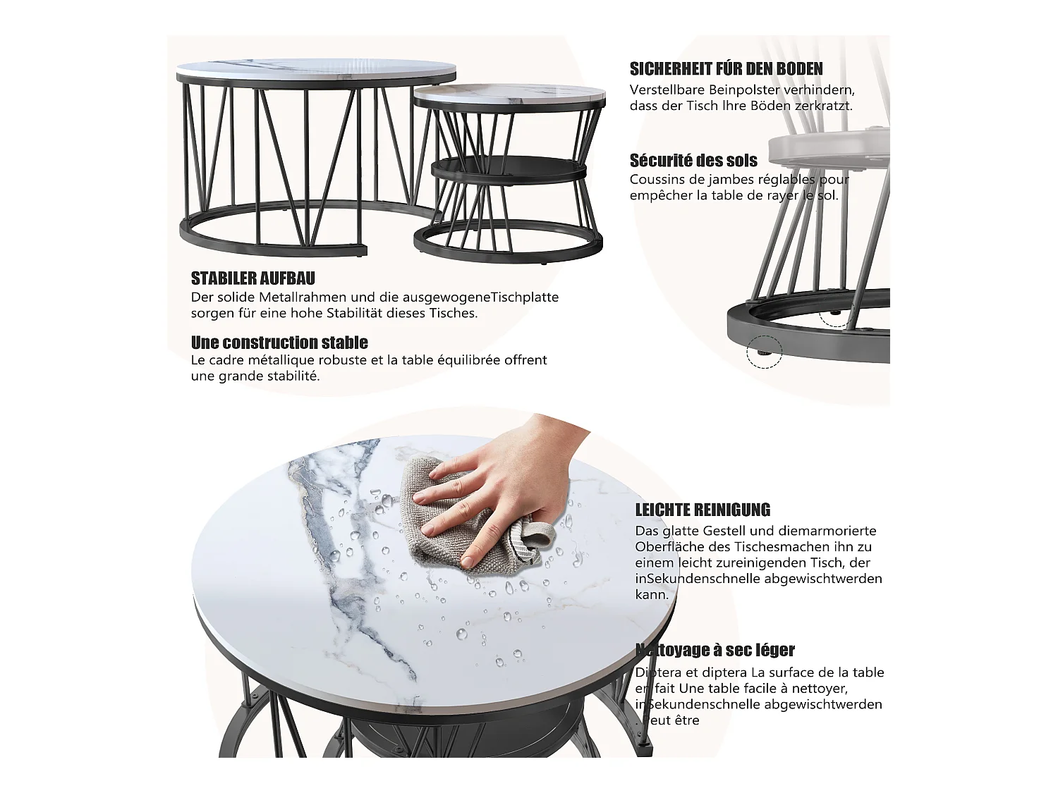 Tables basses rondes gigognes – Plateau effet marbre blanc avec structure en métal noir en forme de V – Design moderne et élégant