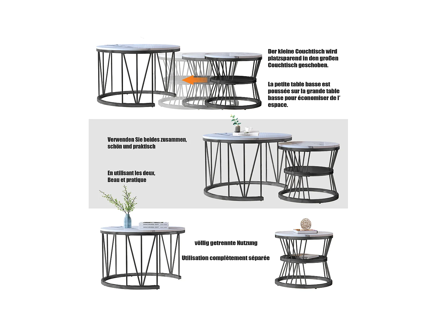 Tables basses rondes gigognes – Plateau effet marbre blanc avec structure en métal noir en forme de V – Design moderne et élégant