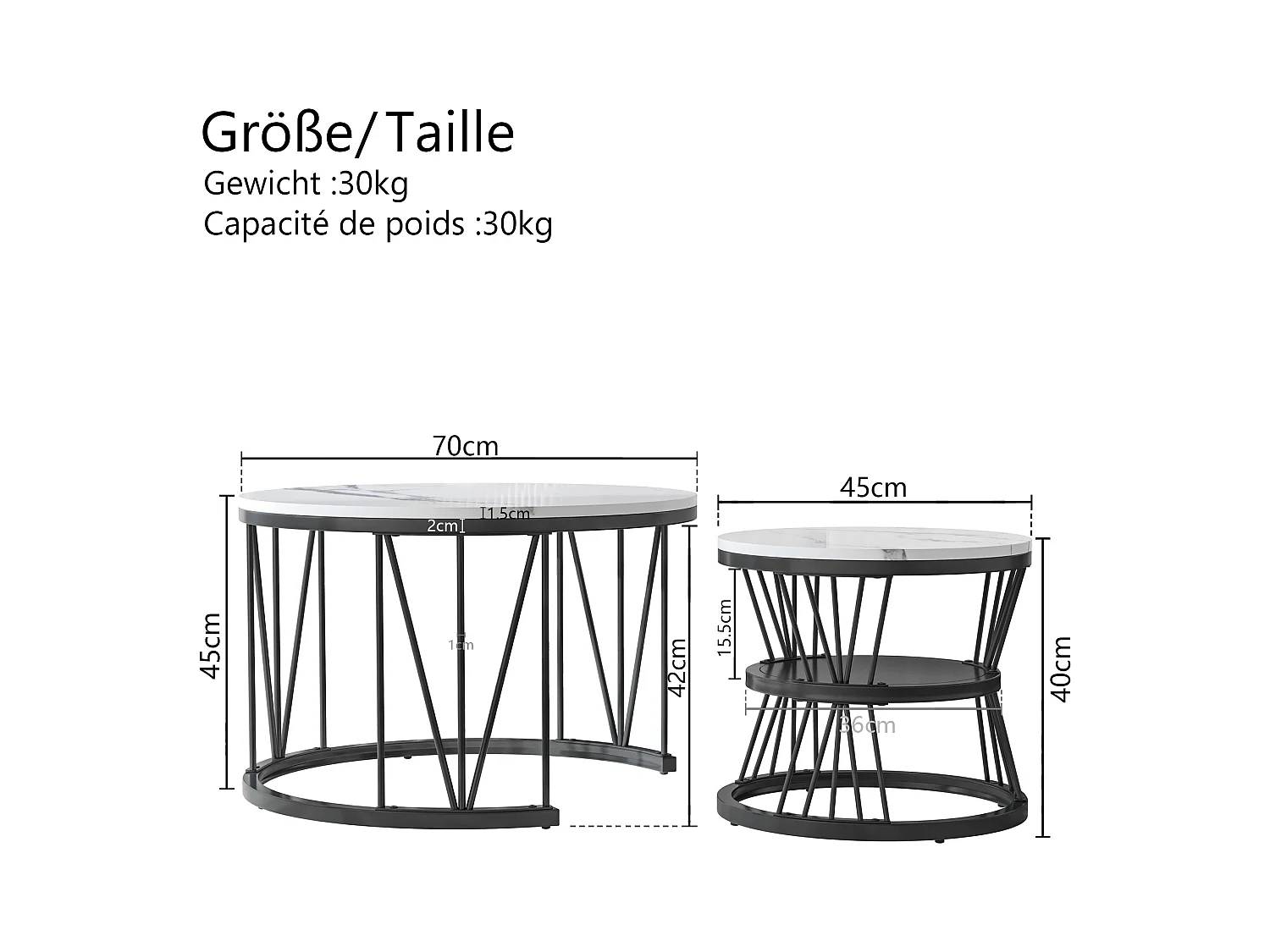 Tables basses rondes gigognes – Plateau effet marbre blanc avec structure en métal noir en forme de V – Design moderne et élégant