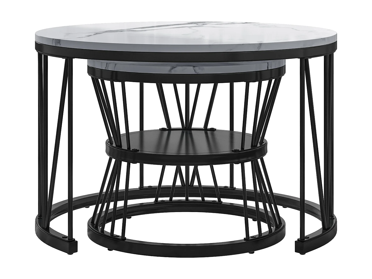 Tables basses rondes gigognes – Plateau effet marbre blanc avec structure en métal noir en forme de V – Design moderne et élégant