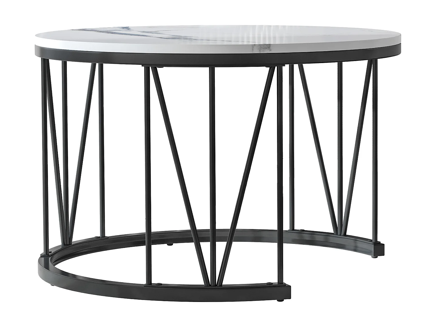 Tables basses rondes gigognes – Plateau effet marbre blanc avec structure en métal noir en forme de V – Design moderne et élégant