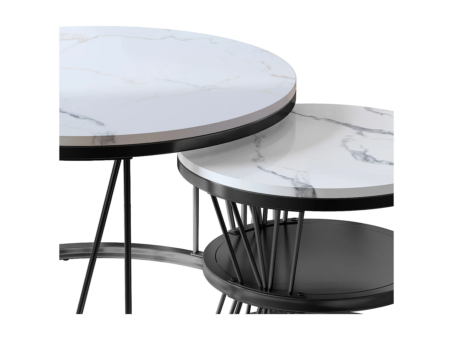 Tables basses rondes gigognes – Plateau effet marbre blanc avec structure en métal noir en forme de V – Design moderne et élégant