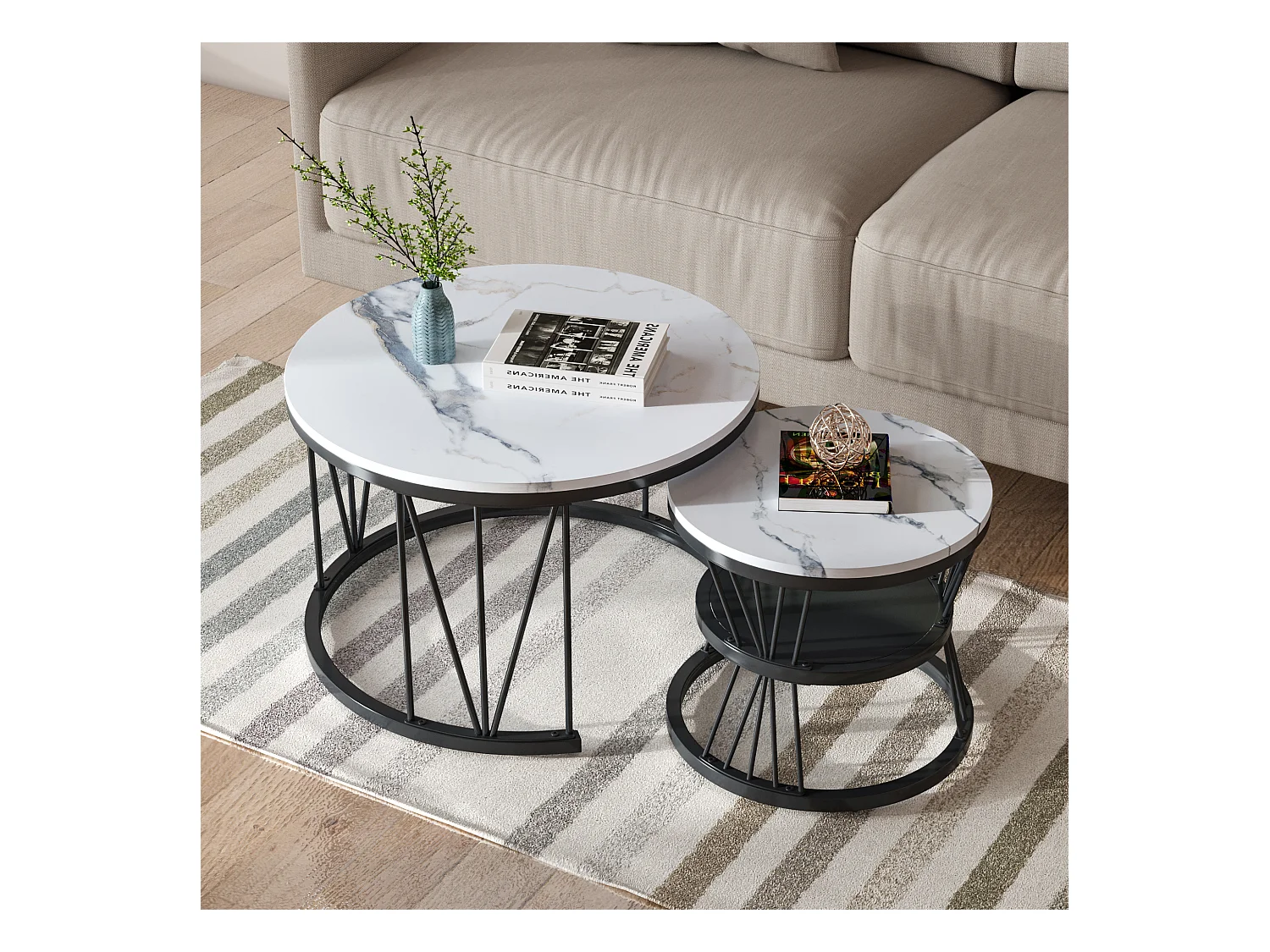 Tables basses rondes gigognes – Plateau effet marbre blanc avec structure en métal noir en forme de V – Design moderne et élégant