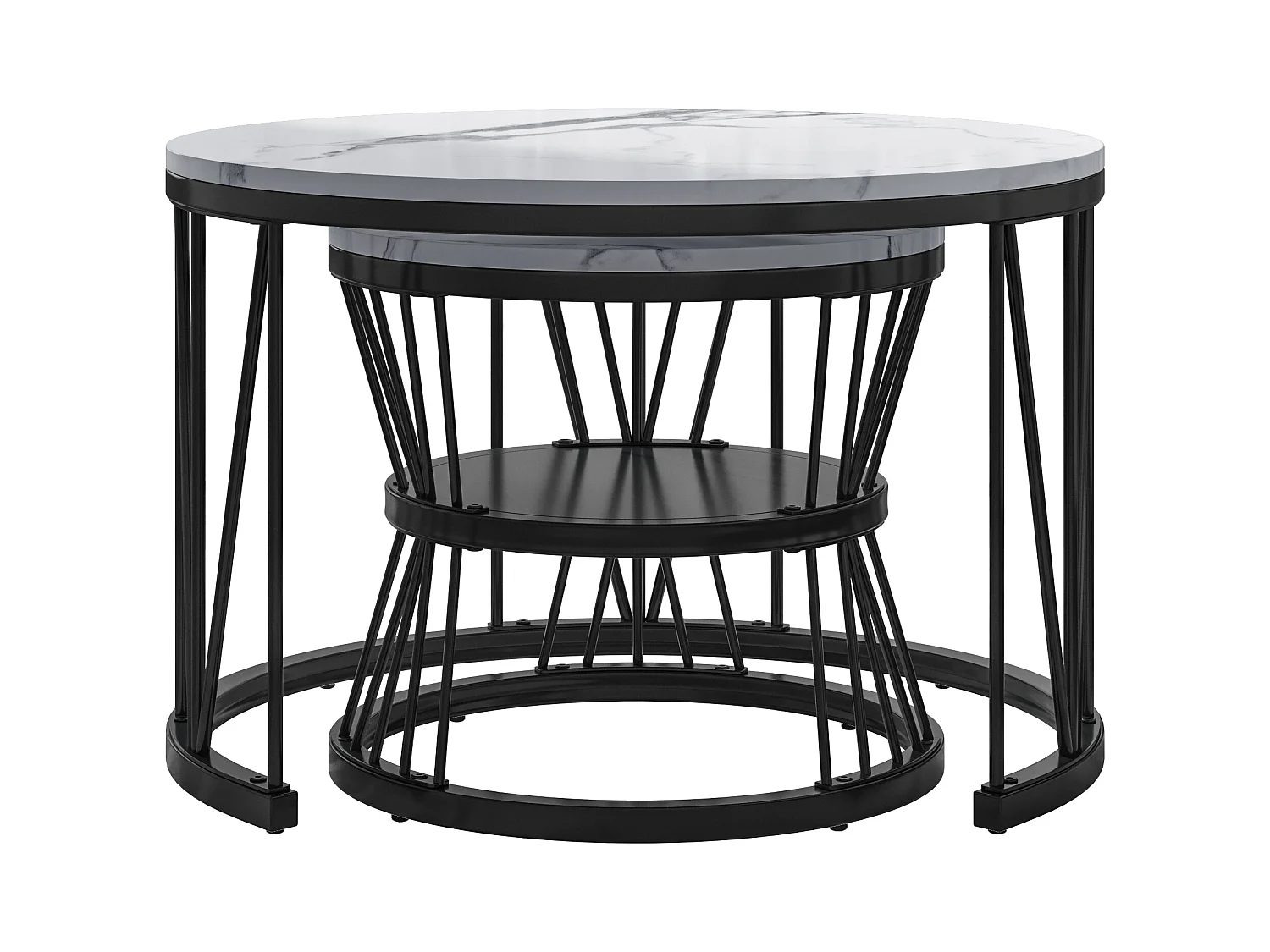 Tables basses rondes gigognes – Plateau effet marbre blanc avec structure en métal noir en forme de V – Design moderne et élégant