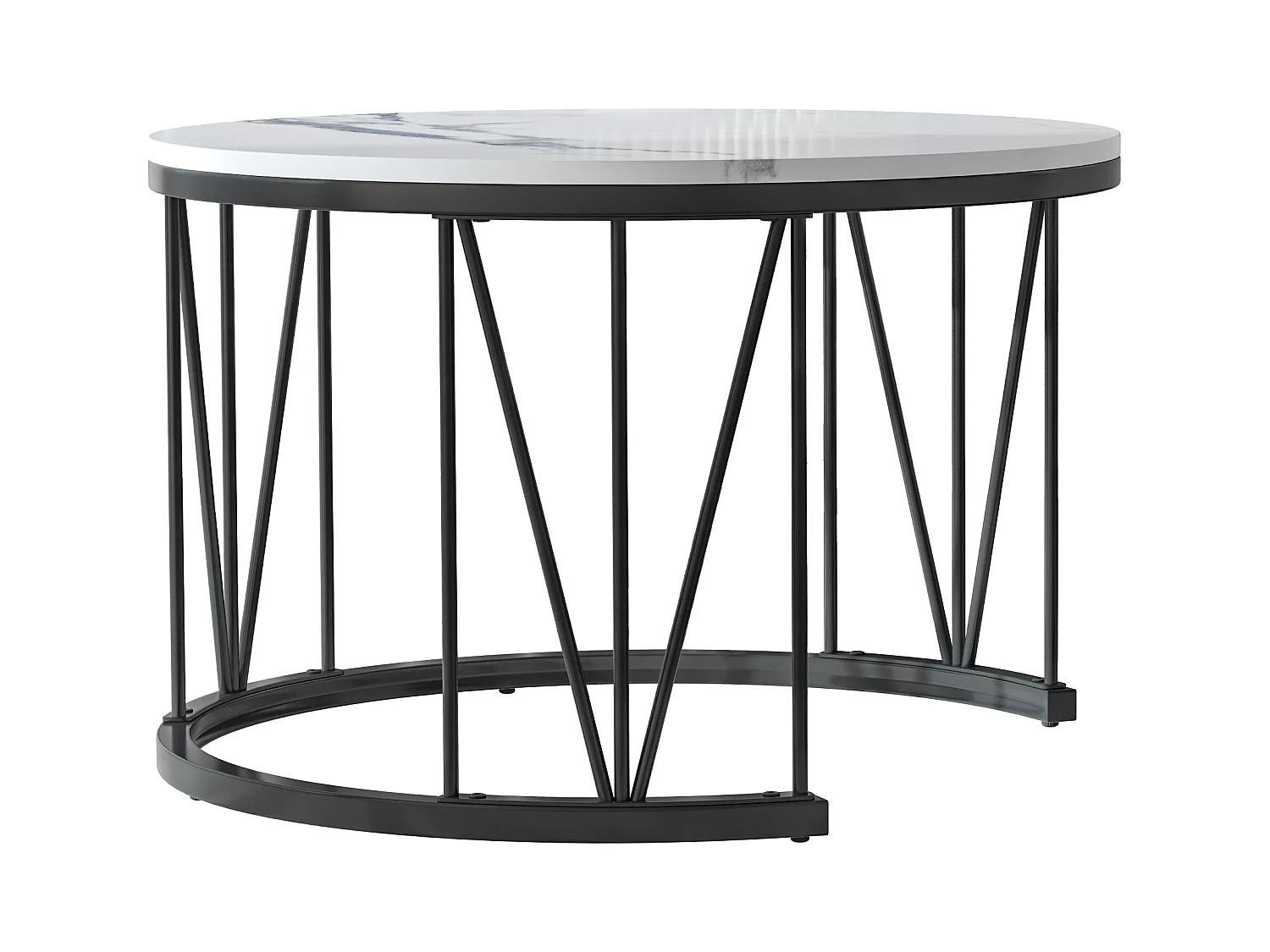 Tables basses rondes gigognes – Plateau effet marbre blanc avec structure en métal noir en forme de V – Design moderne et élégant