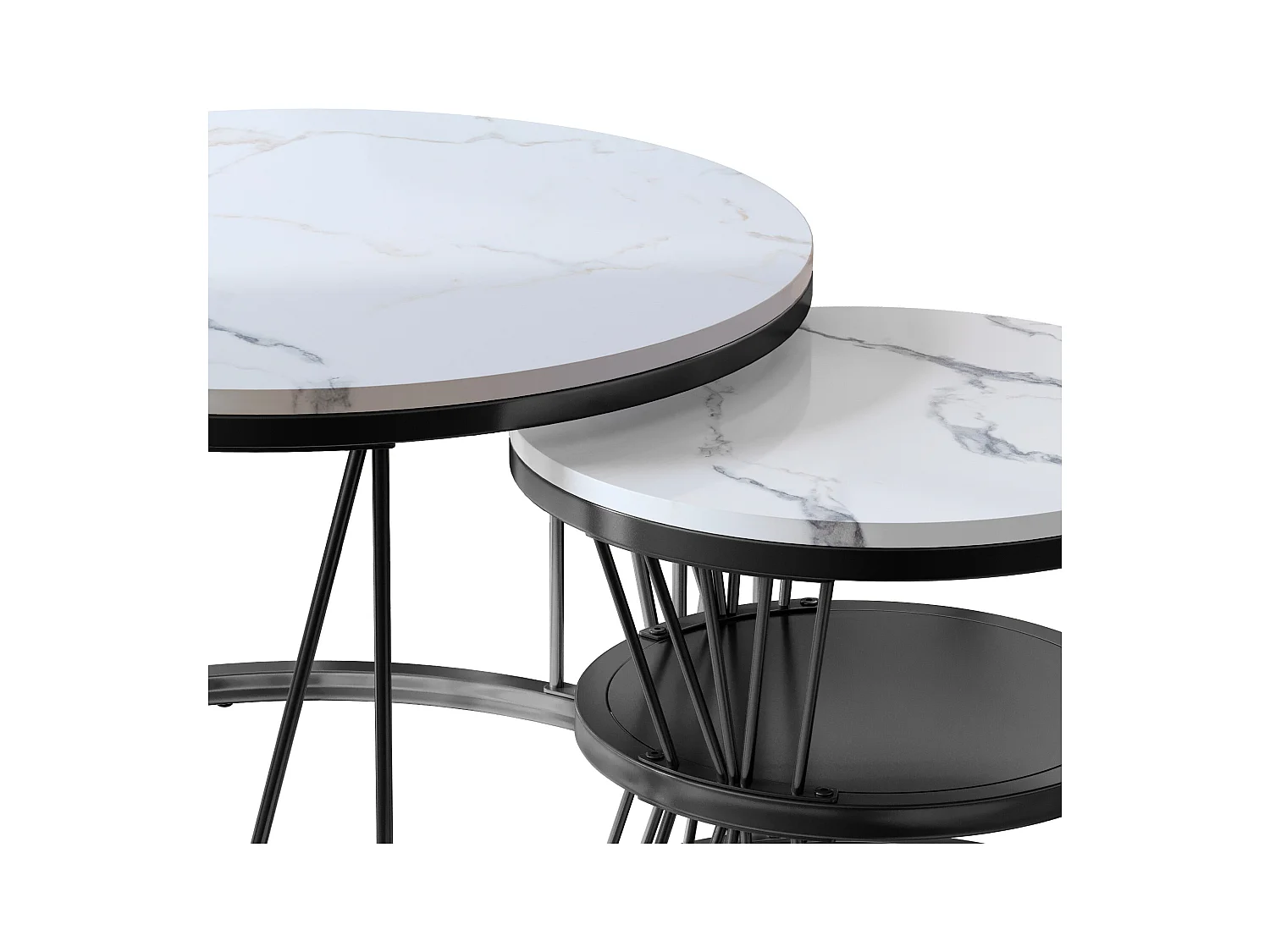 Tables basses rondes gigognes – Plateau effet marbre blanc avec structure en métal noir en forme de V – Design moderne et élégant