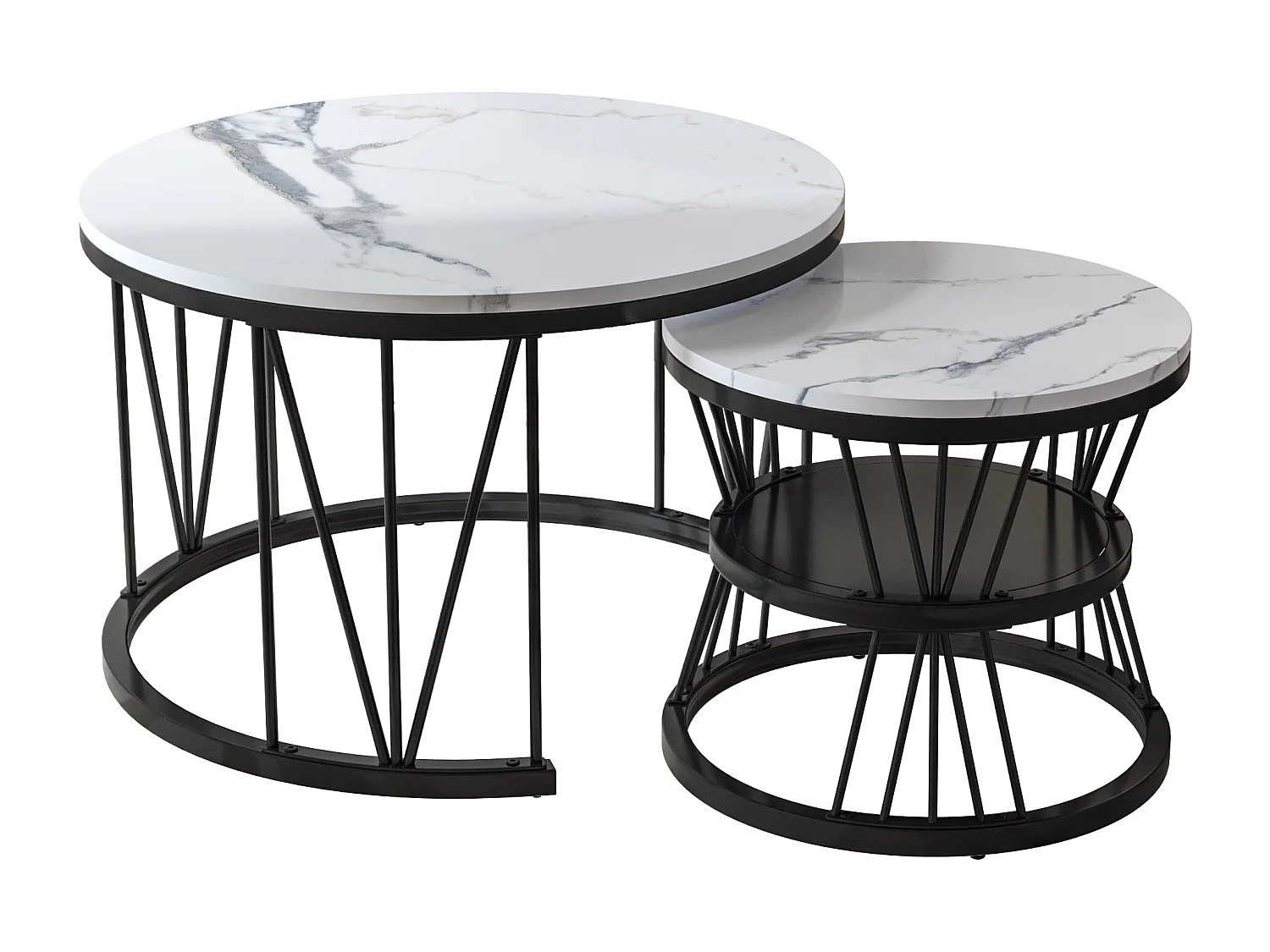 Tavolini da caffè rotondi impilabili - Piano effetto marmo bianco con struttura in metallo nero a forma di V - Design moderno ed elegante
