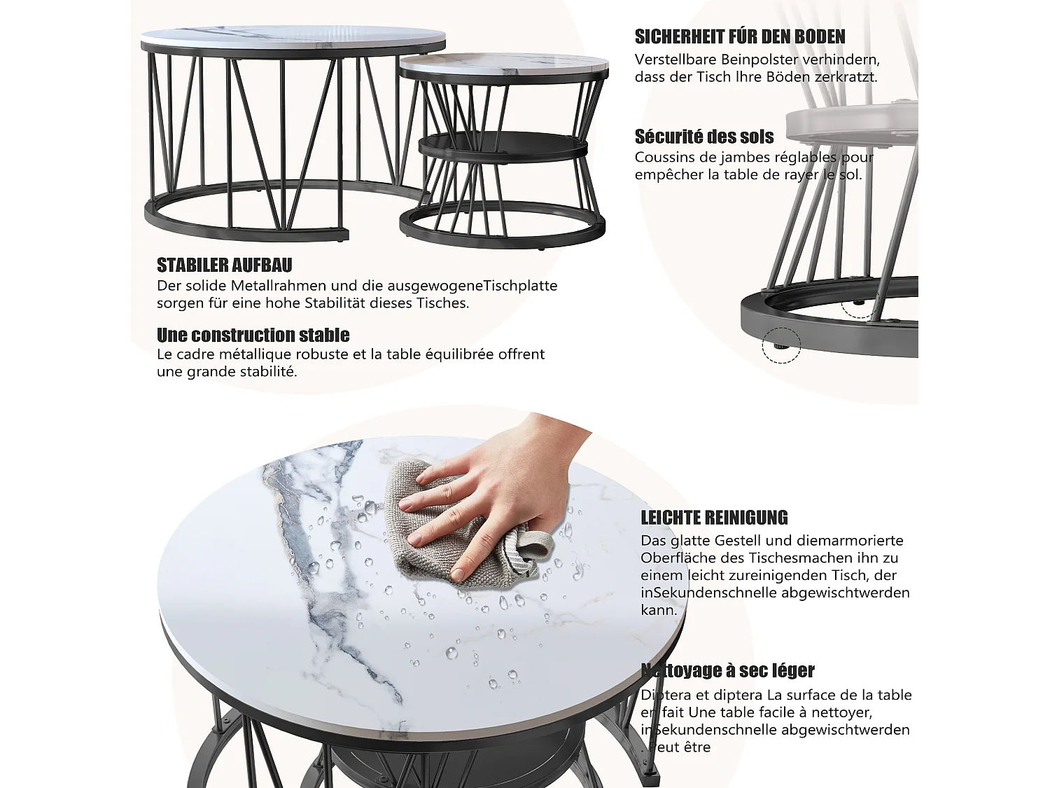 Tavolini da caffè rotondi impilabili - Piano effetto marmo bianco con struttura in metallo nero a forma di V - Design moderno ed elegante