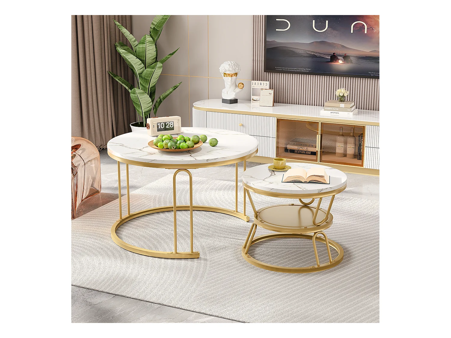 Tables basses gigognes rondes – Plateau effet marbre blanc avec structure en métal doré en U – Design moderne et élégant pour salon