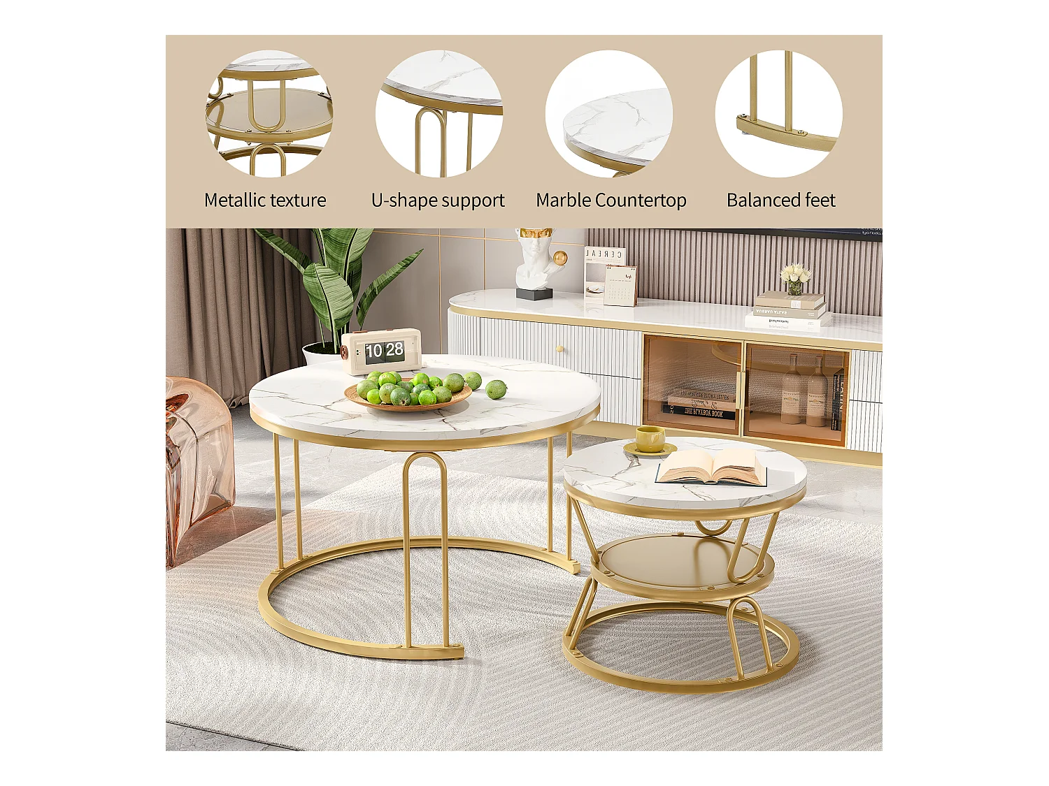 Tables basses gigognes rondes – Plateau effet marbre blanc avec structure en métal doré en U – Design moderne et élégant pour salon
