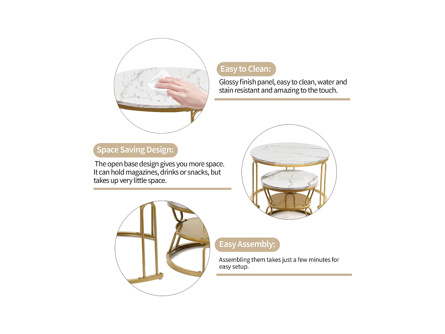 Tables basses gigognes rondes – Plateau effet marbre blanc avec structure en métal doré en U – Design moderne et élégant pour salon