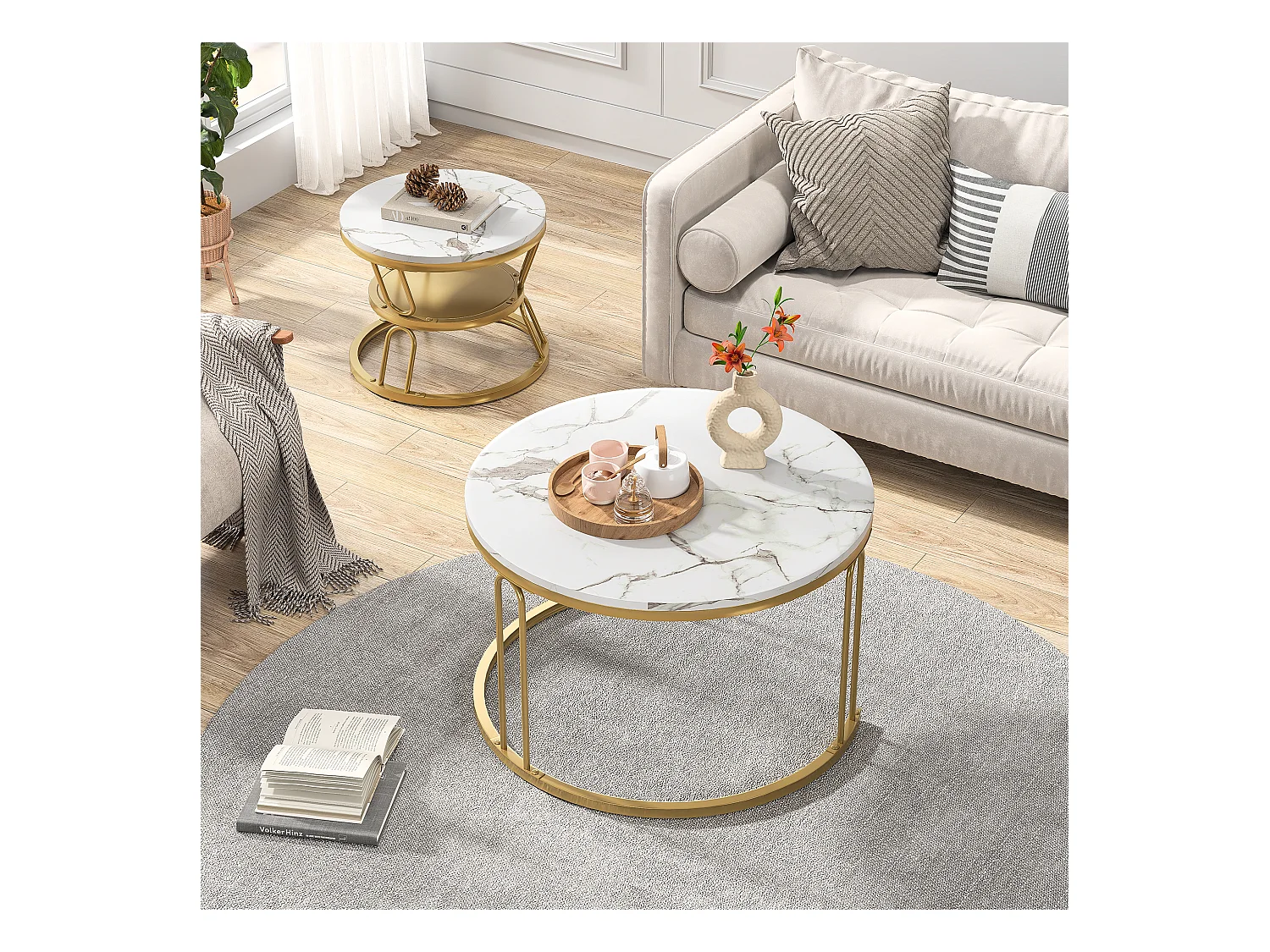 Tables basses gigognes rondes – Plateau effet marbre blanc avec structure en métal doré en U – Design moderne et élégant pour salon