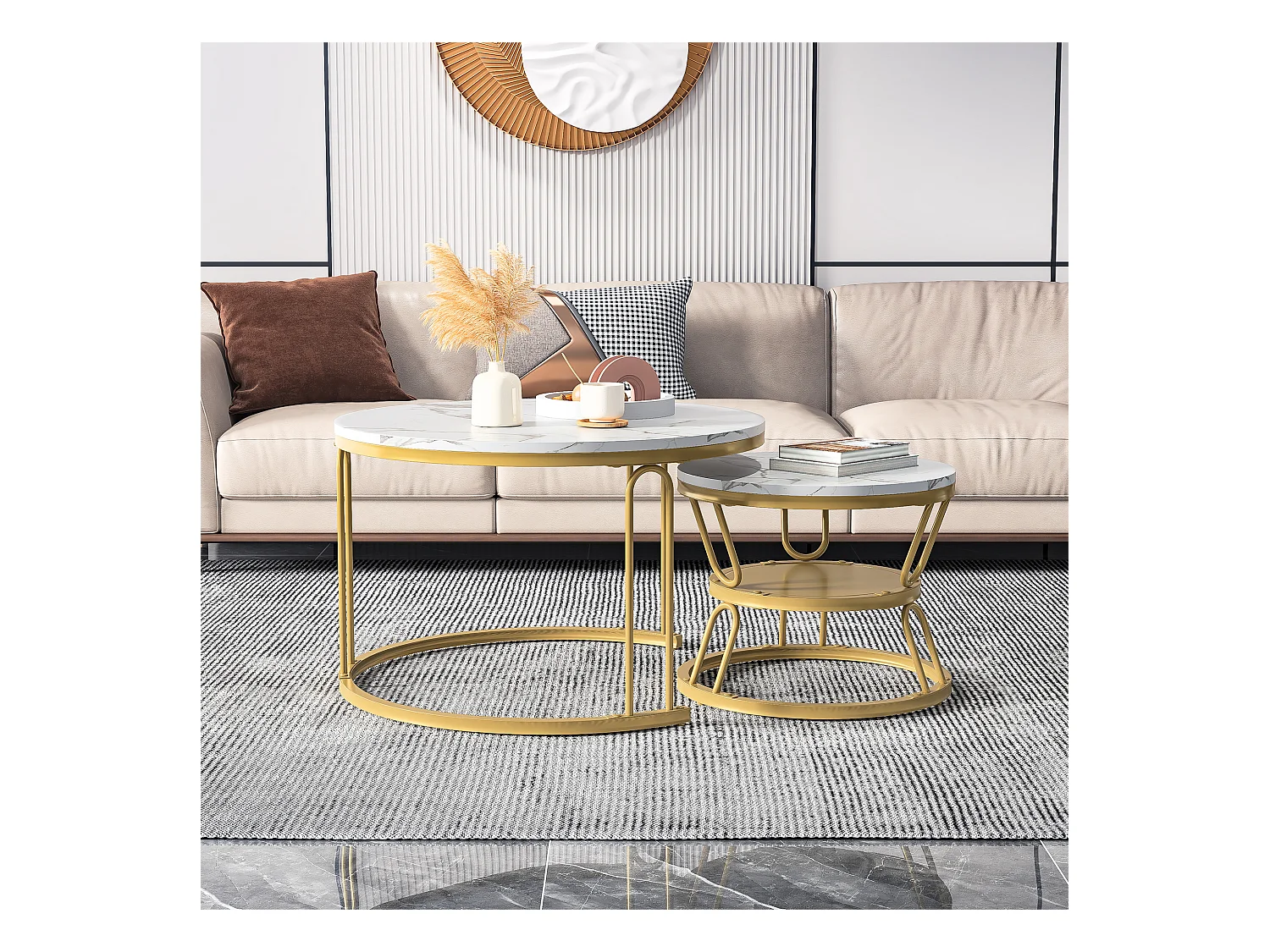 Tables basses gigognes rondes – Plateau effet marbre blanc avec structure en métal doré en U – Design moderne et élégant pour salon