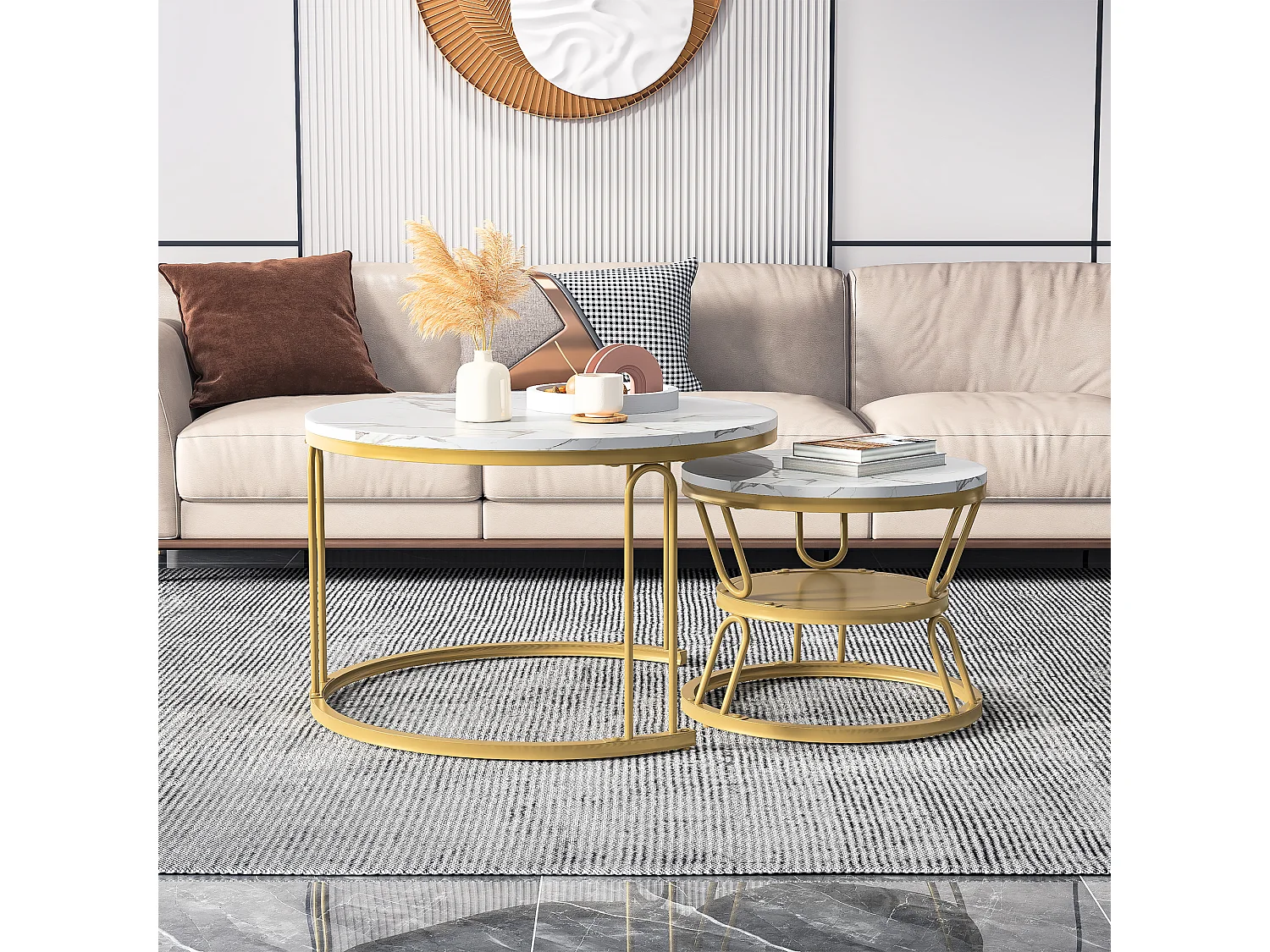 Mesas de centro redondas apilables - Superficie efecto mármol blanco con estructura de metal dorado en forma de U - Diseño moderno y elegante para sala de estar