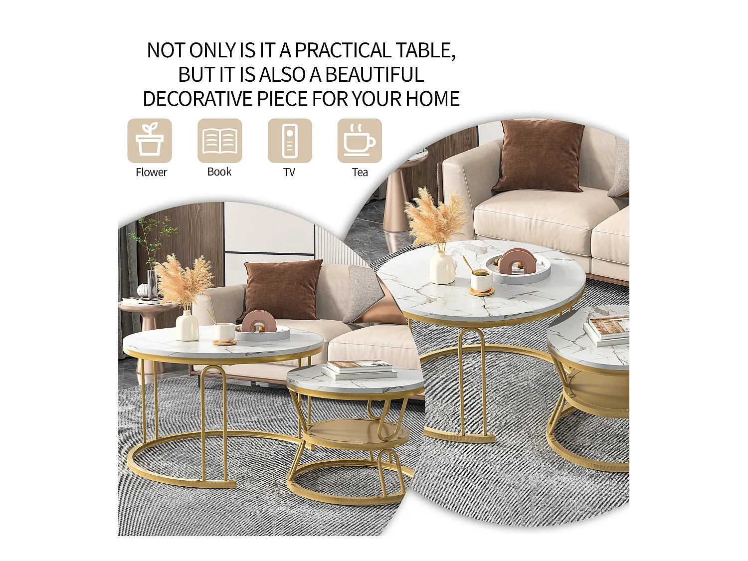 Mesas de centro redondas apilables - Superficie efecto mármol blanco con estructura de metal dorado en forma de U - Diseño moderno y elegante para sala de estar