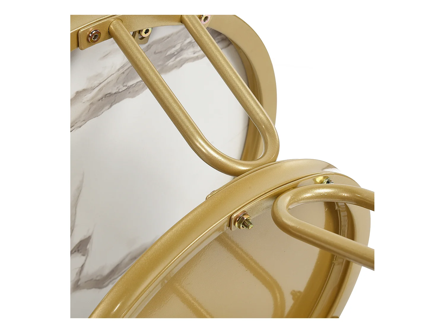 Mesas de centro redondas apilables - Superficie efecto mármol blanco con estructura de metal dorado en forma de U - Diseño moderno y elegante para sala de estar