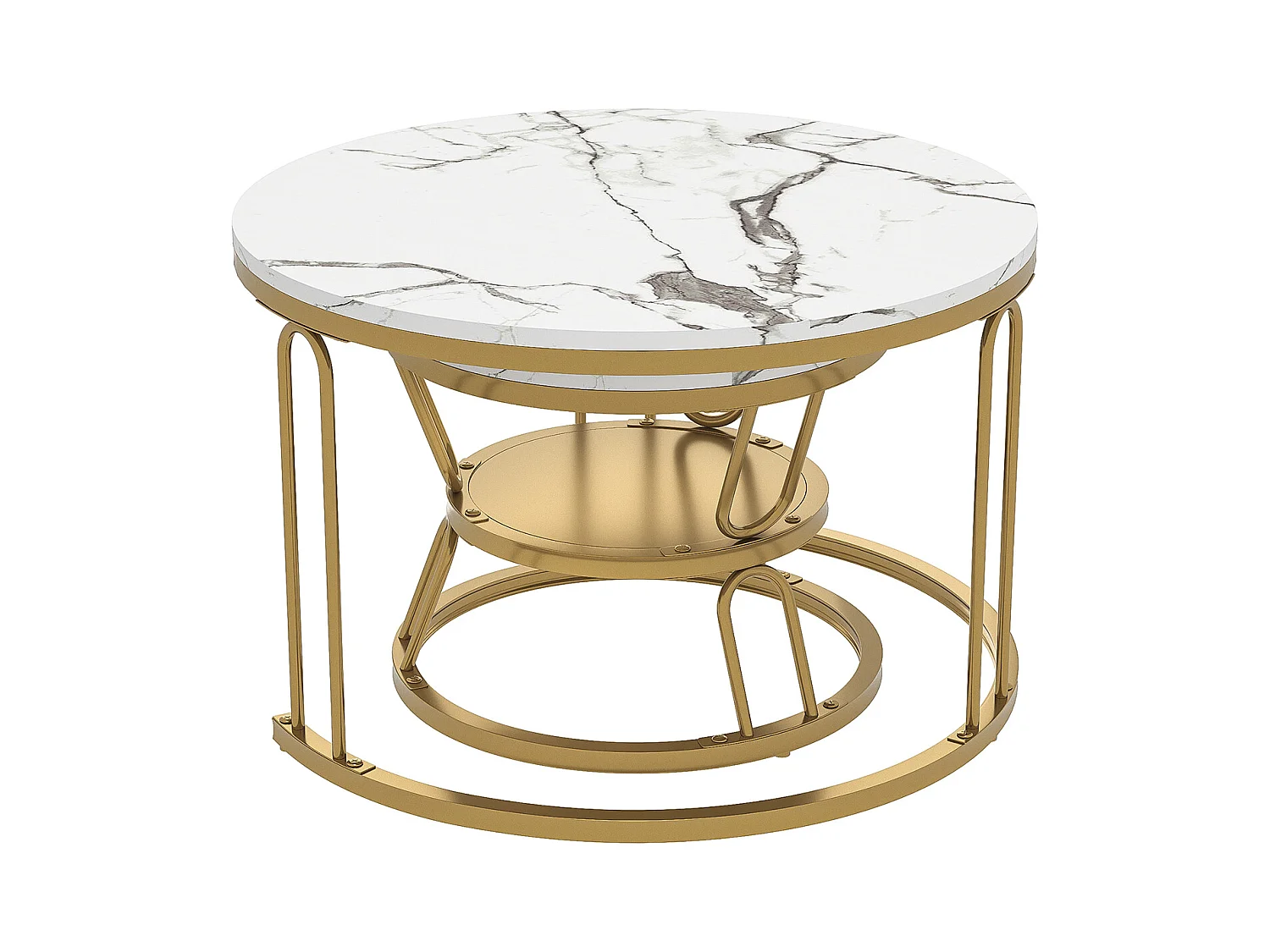 Mesas de centro redondas apilables - Superficie efecto mármol blanco con estructura de metal dorado en forma de U - Diseño moderno y elegante para sala de estar