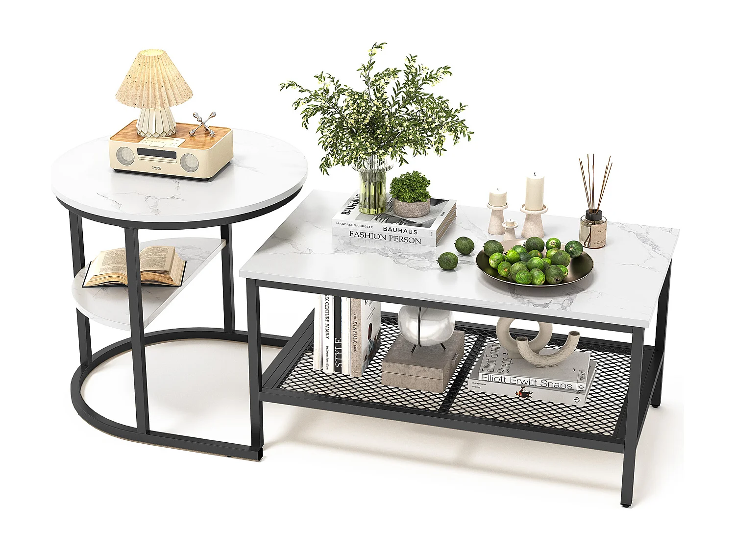 Rechthoekige en ronde salontafels in wit marmer met zwart metalen frame, modern en elegant design.