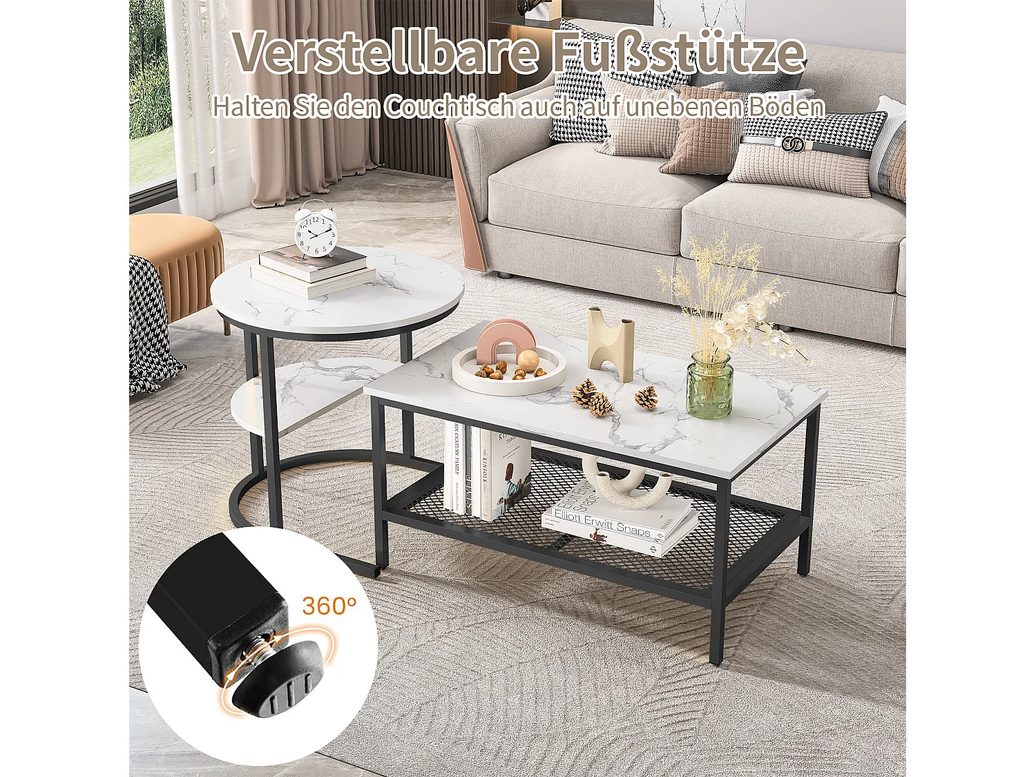 Rechthoekige en ronde salontafels in wit marmer met zwart metalen frame, modern en elegant design.